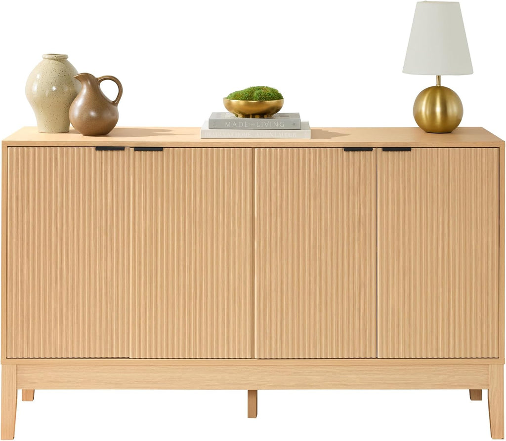Best Choice Products 55' Modern 4-Door Sideboard Storage Cabinet, Buffet, Media Cabinet, Cupboard, Entryway Accent Table, Bookcase w/Reed Panels and Adjustable Shelves – Natural