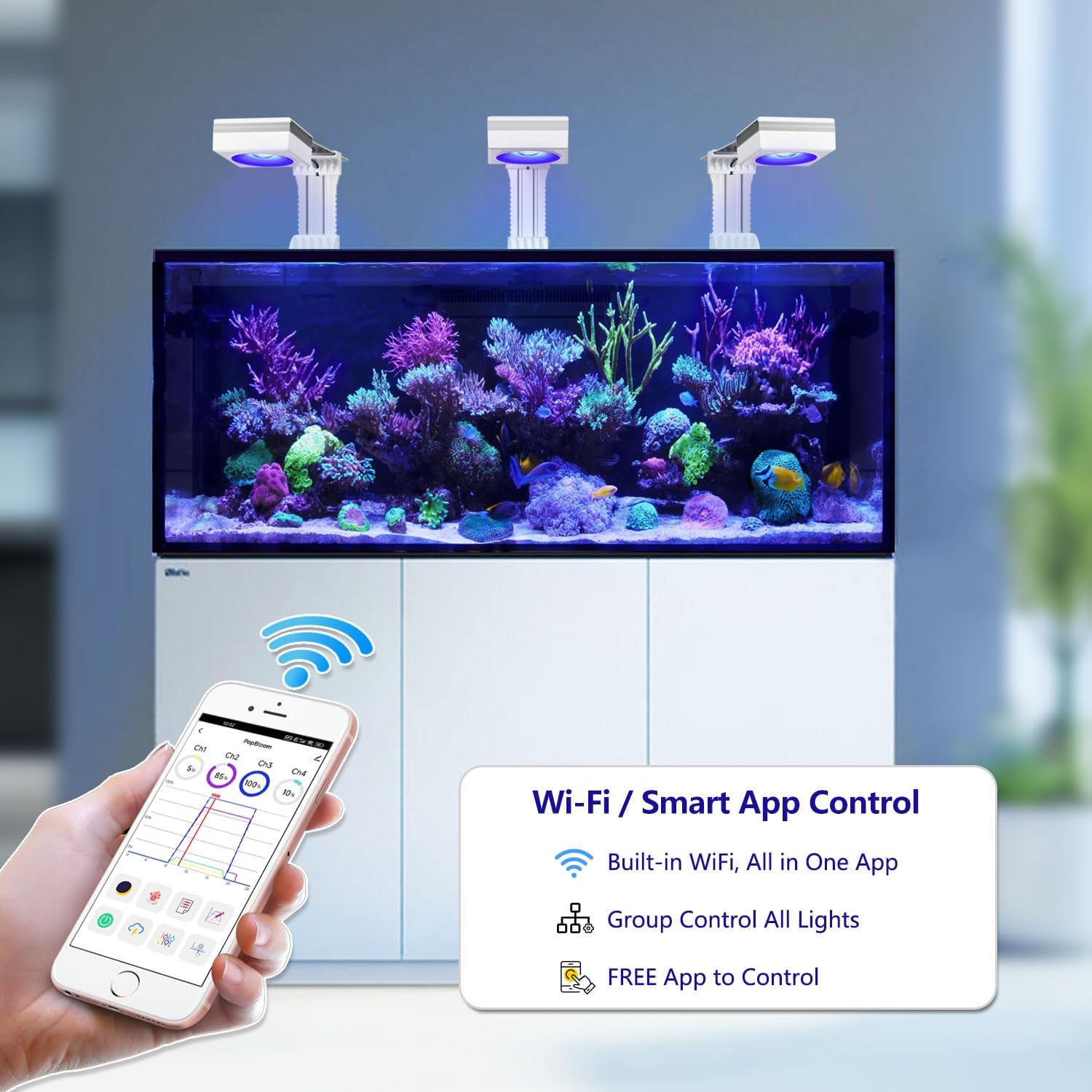 PopBIoom RL90 WiFi LED Aquarium Light, Reef Aquarium Lighting Full Spectrum for Marine SPS LPS Corals Saltwater Fish Tanks, APP Fully Programmable (RL90 with Arm Kit)