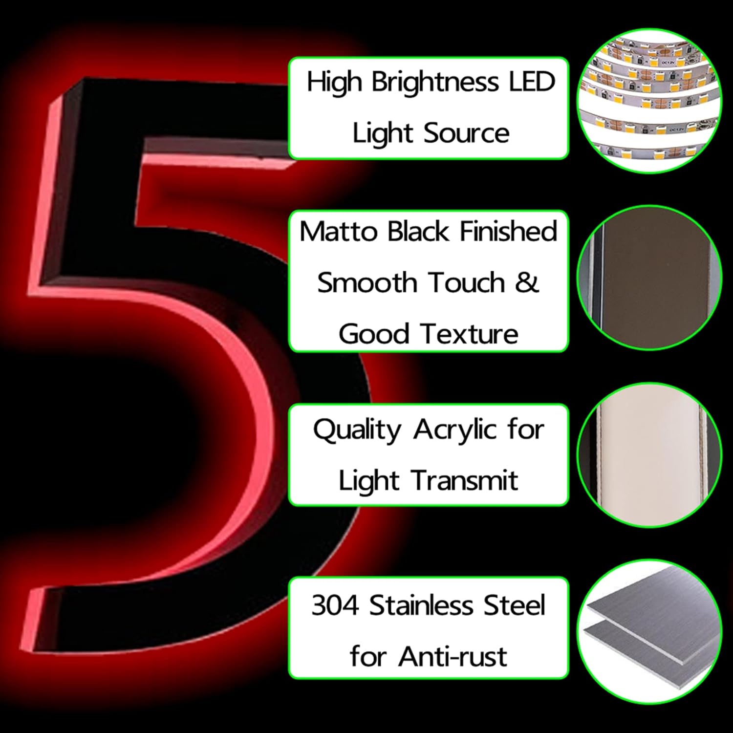 16' Backlit 3D Floating Stainless Steel LED Address Number, Modern Up-Scale Look Large House Number, LED Lighted Address Number, House Numbers Light Up,1