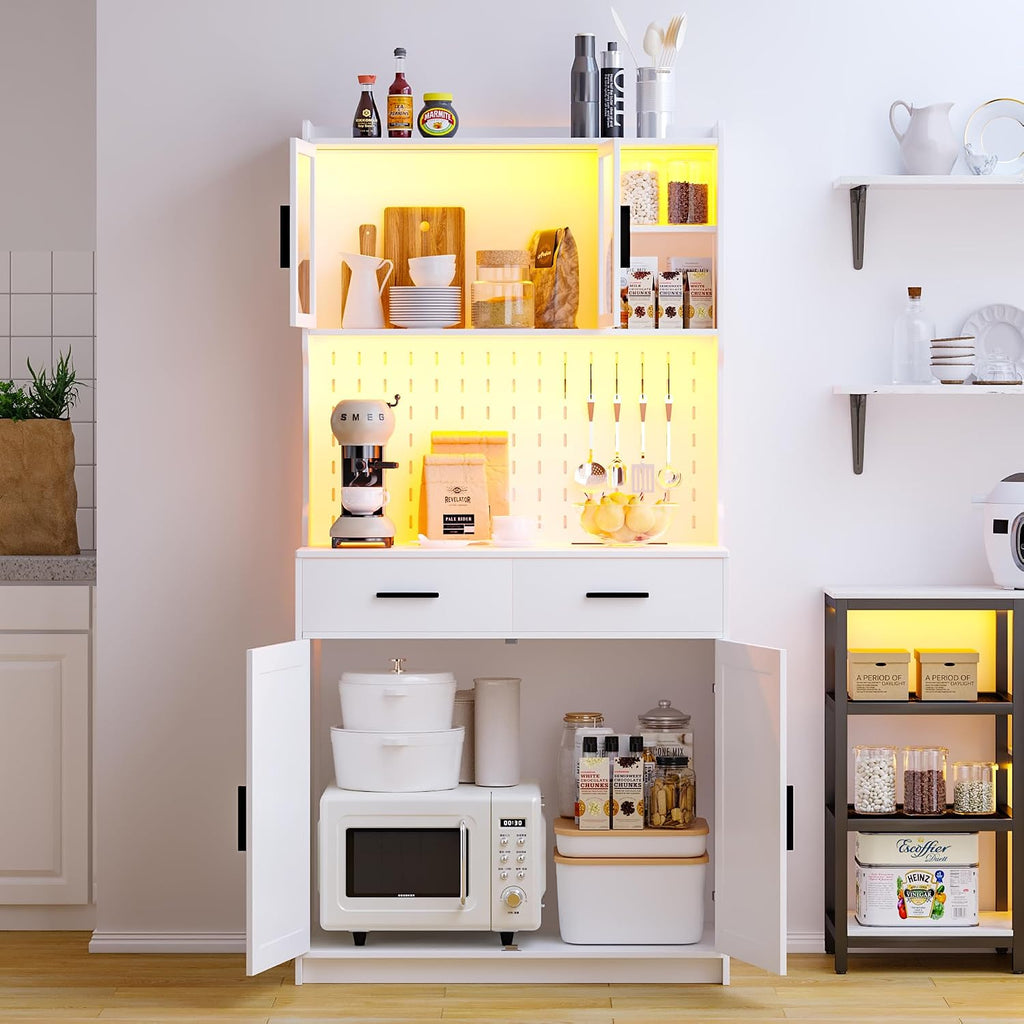 LED Kitchen Pantry Cabinet with Outlets, Farmhouse Storage Cabinet with Drawers & Adjustable Shelves, Cupboard with Pegboard and Hooks for Dining Room (White)