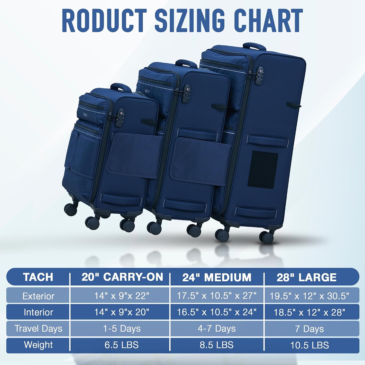 TACH LITE Samba Softside 3 Piece Luggage Set 20/24/28 Inch | Connectable Suitcases with Spinner Wheels | Lightweight Travel Suitcase with Wheels Carry On & Checked Bags | Luggage Set (Navy Blue)