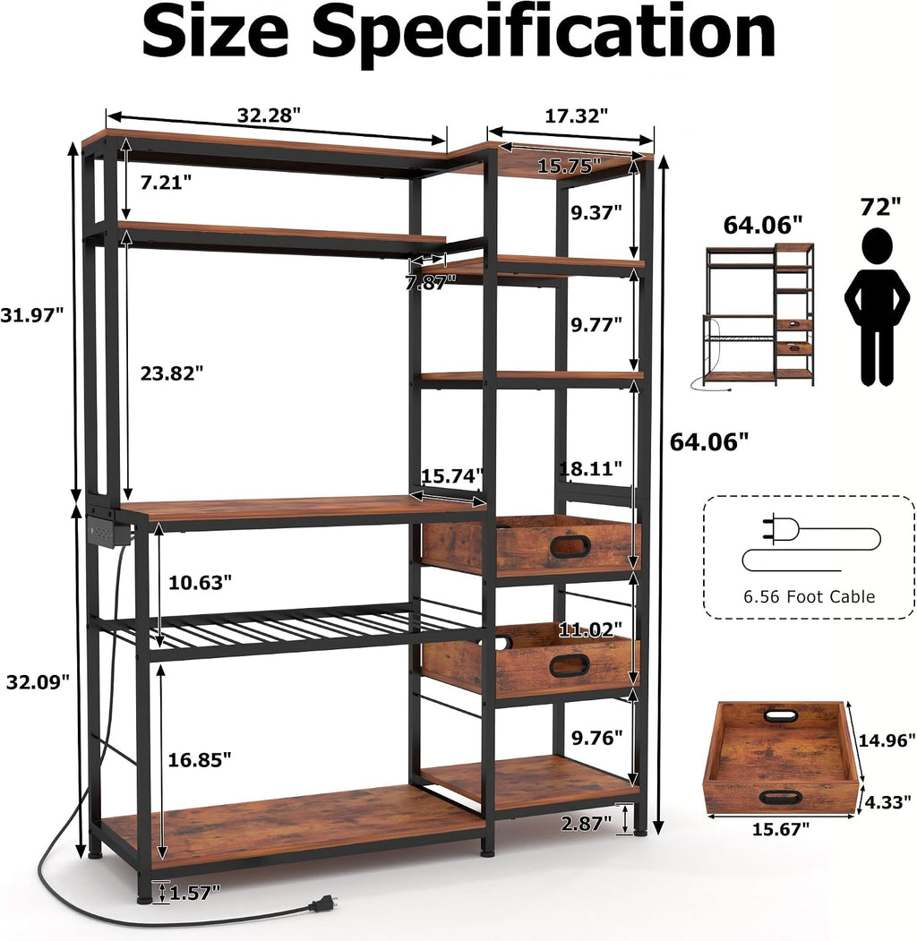 Large Bakers Rack with Power Outlet,49.6 Inch Farmhouse Coffee Bar with Tray, Kitchen Microwave Stand with Storage, Shelf Rack(Rustic Brown)