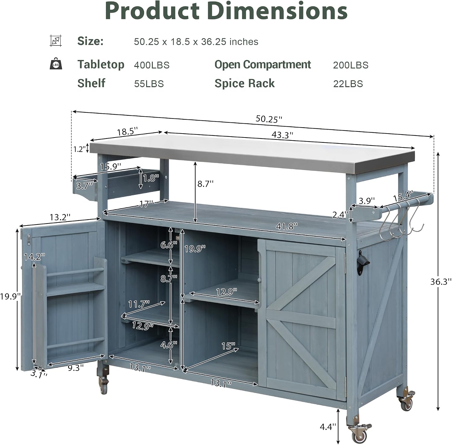 Outdoor Kitchen Island Rolling Bar Cart & Storage Cabinet Farmhouse Solid Wood Outdoor Grill Table with Stainless Steel Top, Spice Rack, Towel Rack for Dining Room Kitchens BBQ Grey Blue
