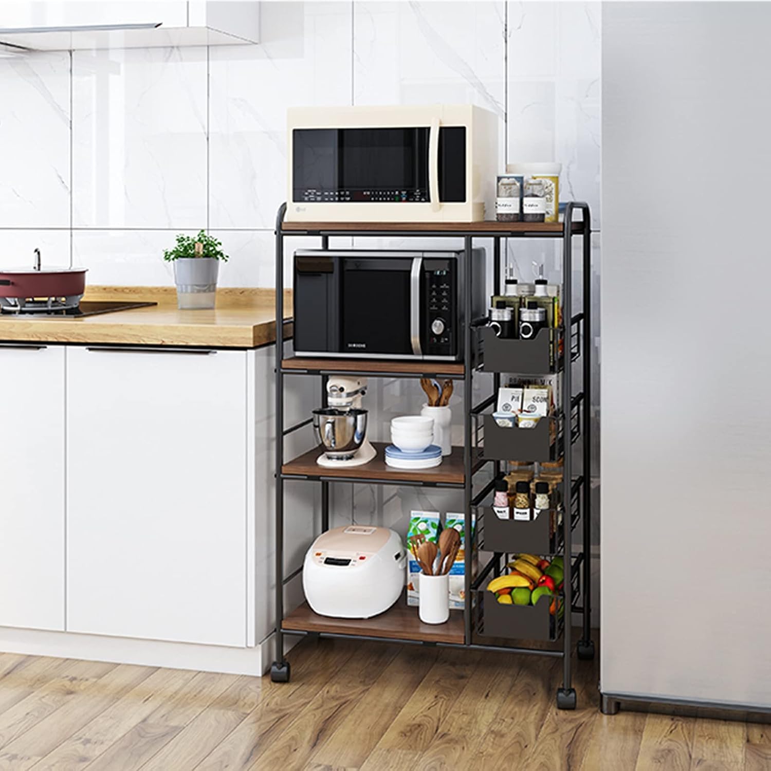 5-Tier Kitchen Standing Baker's Rack with Power Outlet, Kitchen Storage Rack with Wire Basket