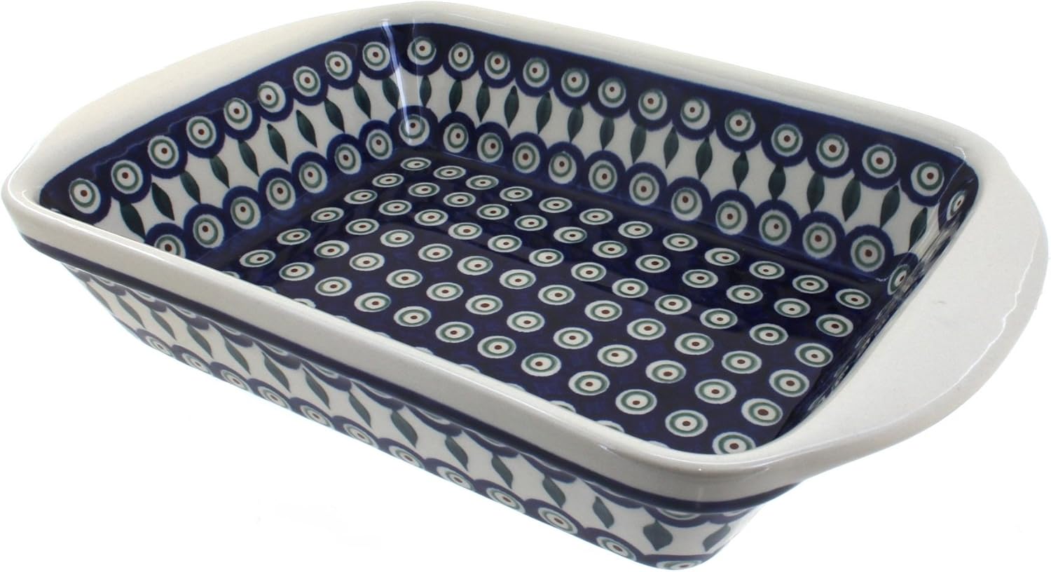 Blue Rose Polish Pottery - Blue Peacock Large Rectangular Baker with Handles - 11.5' x 9.25' - Unique, Dishwasher Safe, & Durable Bakeware