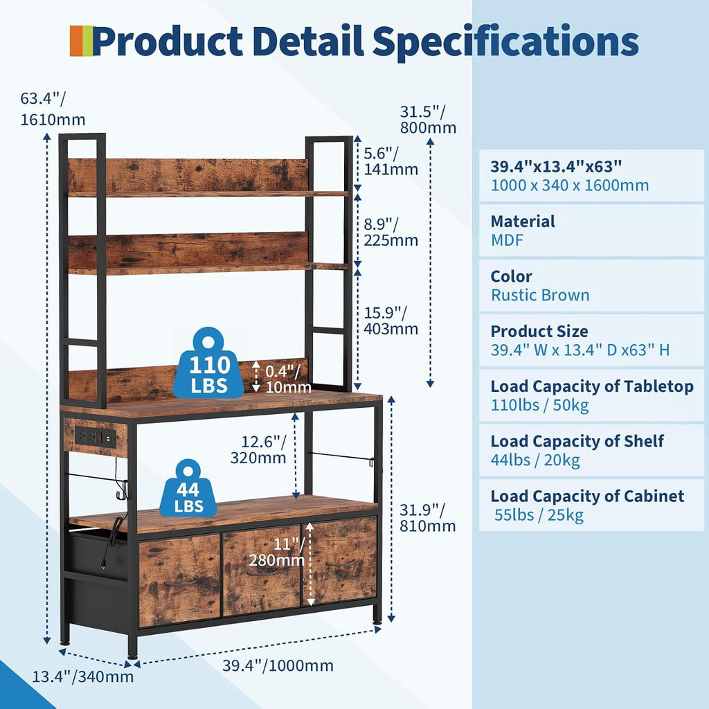 GAOMON 63.4in Bakers Rack with Charging Station, 5-Tier Standing Kitchen Industrial Microwave Oven Stand with Storage Cabinet and 10 Hooks, Rustic Brown