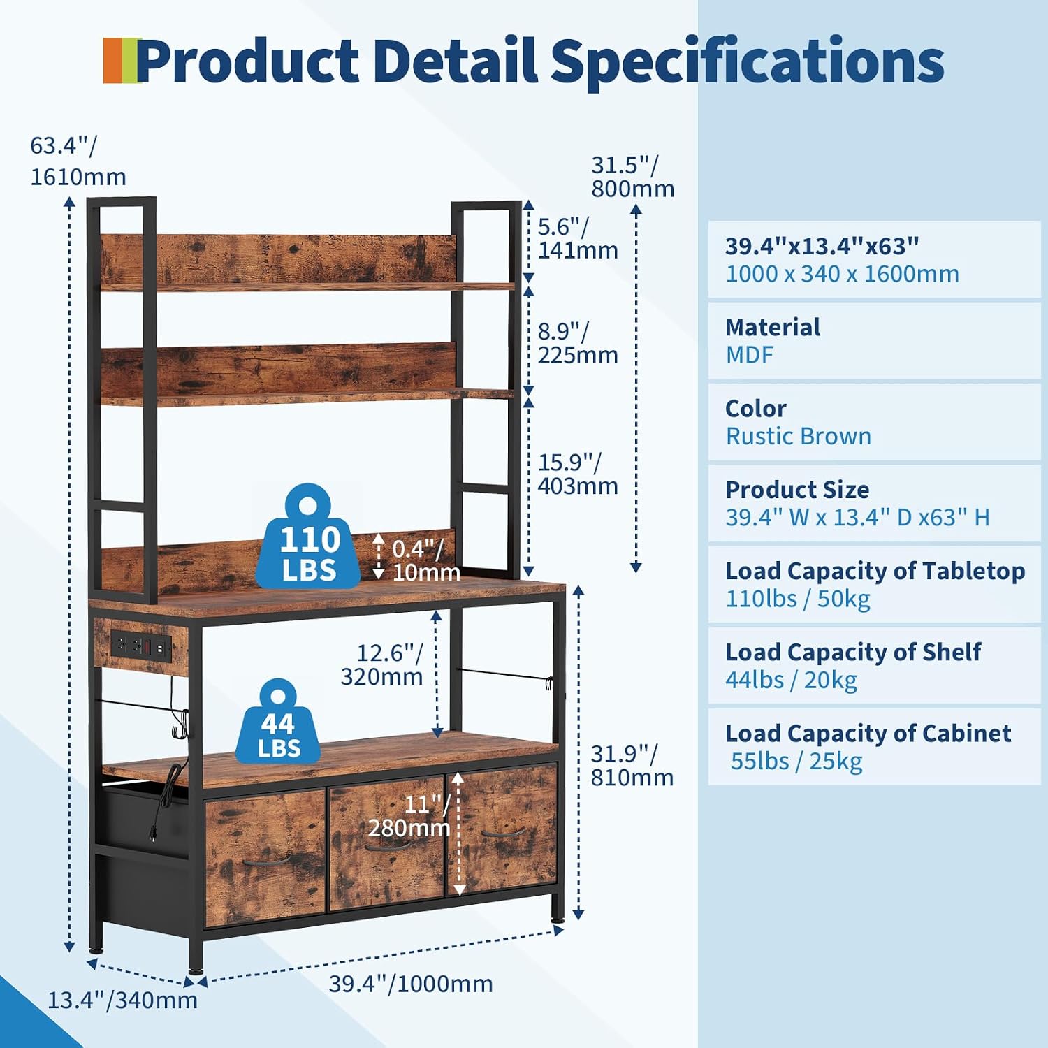 GAOMON 63.4in Bakers Rack with Charging Station, 5-Tier Standing Kitchen Industrial Microwave Oven Stand with Storage Cabinet and 10 Hooks, Rustic Brown