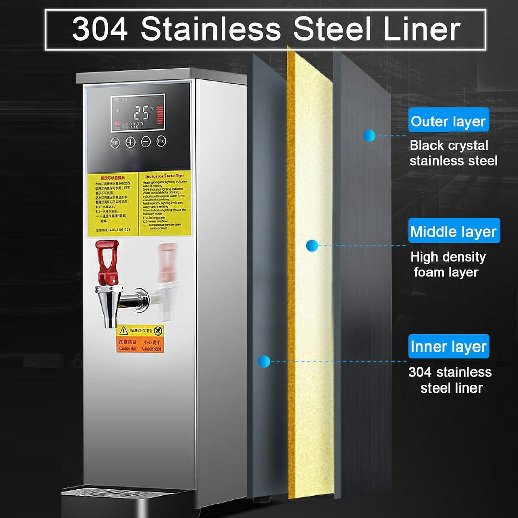Commercial Step Boiling WaterHeater - 3KW Instant Hot Water Dispenser with Digital Temperature Control (40°C-100°C), 25L/40L/50L Per Hour, for Coffee Shop, Restaurant, Office (Silver 25l)