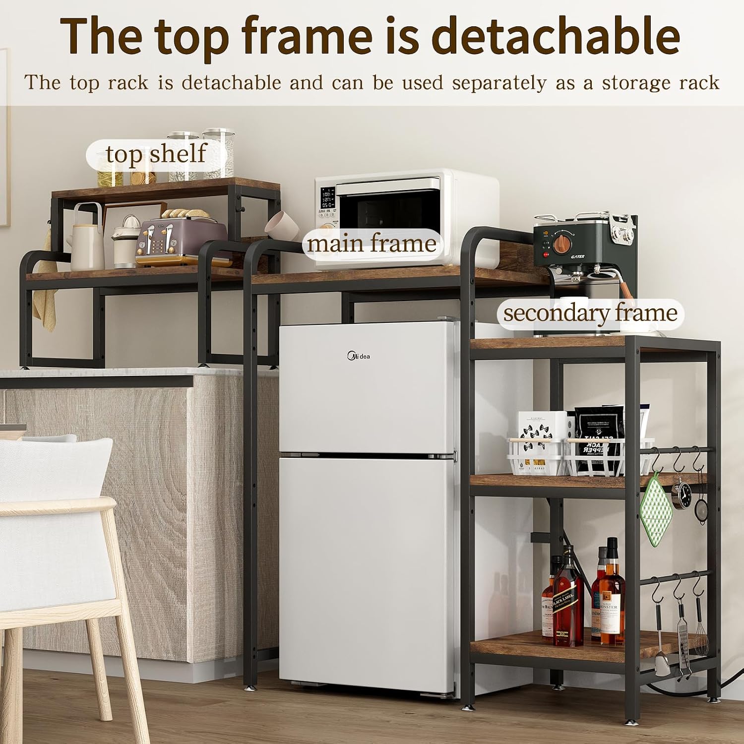 Mini Fridge & Microwave Stand with Storage, Multifunctional 7-Tier Bakers Rack with Power Outlet, Adjustable Shelves and Hooks, Utility Storage Shelf for Kitchen, Dorm, Living Room, Black+Brown
