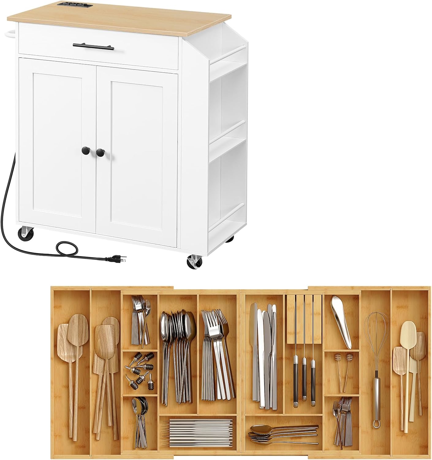 HOOBRO Kitchen Island and Drawer Organizer Bundle, Kitchen Storage Island with Spice Rack and Drawer, Rolling Kitchen Cart on Wheels, for Home, Kitchen and Dining Room, WN82UZD01G1-YL07TL01
