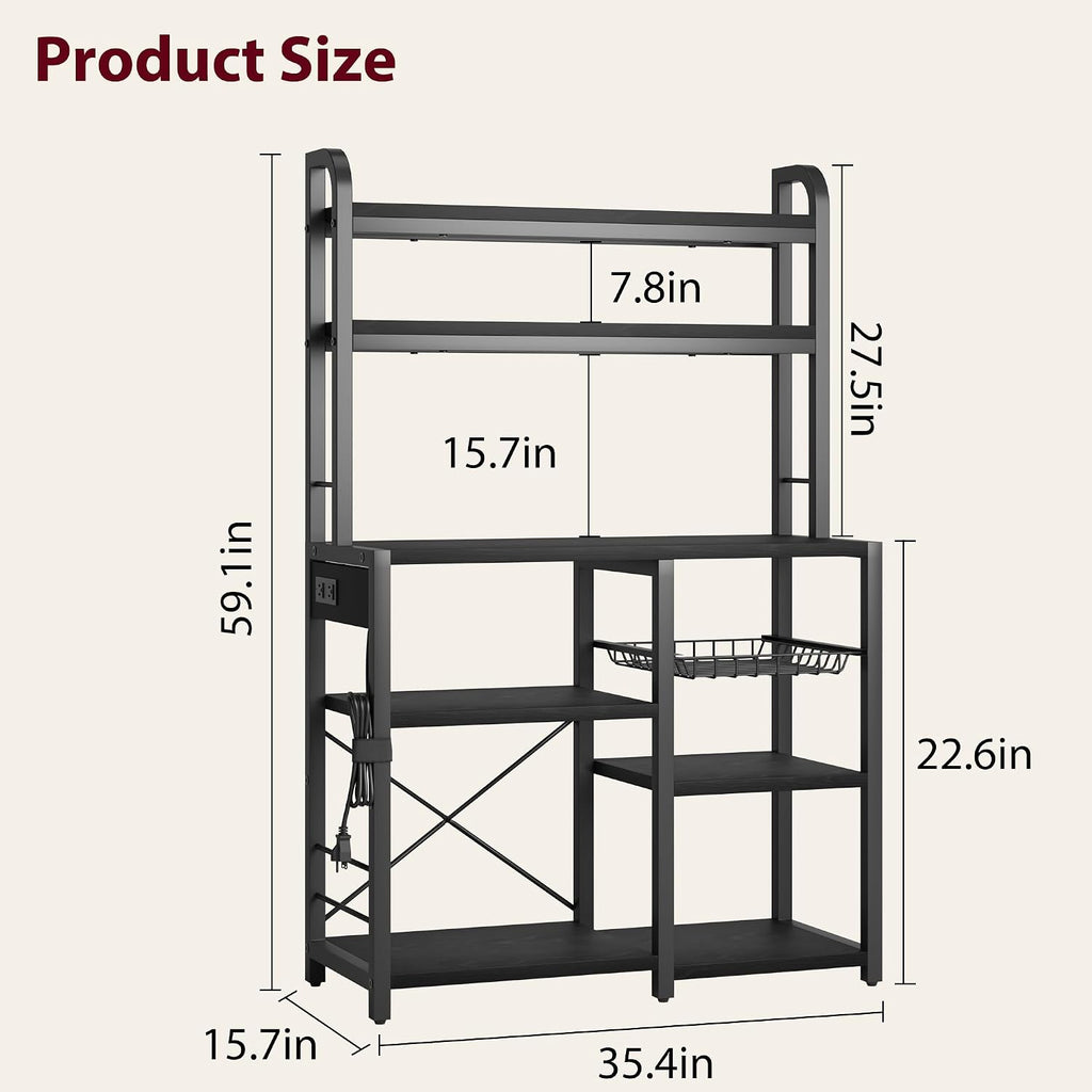 GAOMON Bakers Rack with Power Outlet, Kitchen Baker Rack with Wire Basket, Microwave Stand with Large Open Storage Shelves, 6-Tier Freestanding Utility Storage Shelf, Retro Black