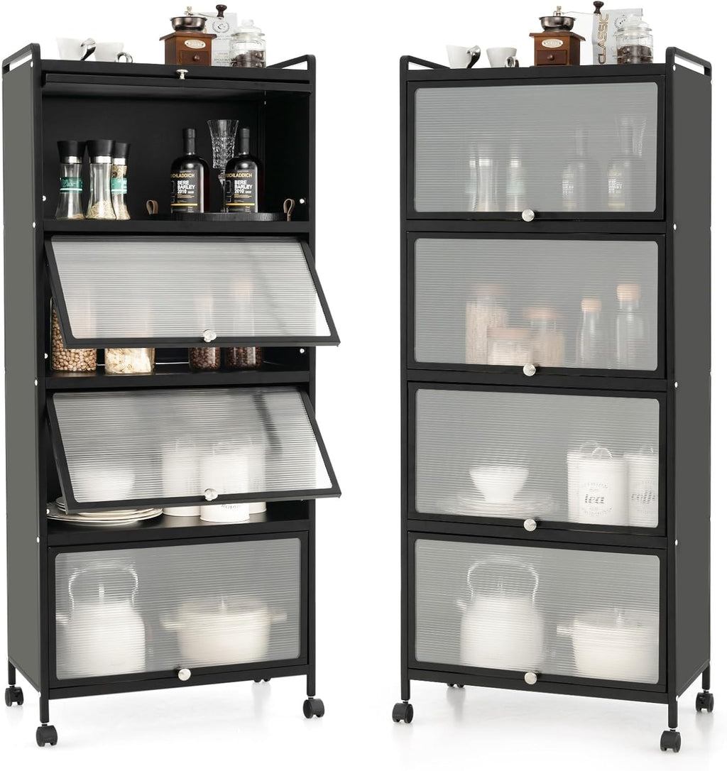 SIMOE Black 5-Tier Kitchen Storage Cabinet, Mobile Microwave Stand with Flip-Up PC Doors, Freestanding Baker's Rack with 4 Rolling Casters for Dining Room, Living Room and Study
