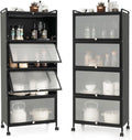 SIMOE Black 5-Tier Kitchen Storage Cabinet, Mobile Microwave Stand with Flip-Up PC Doors, Freestanding Baker's Rack with 4 Rolling Casters for Dining Room, Living Room and Study