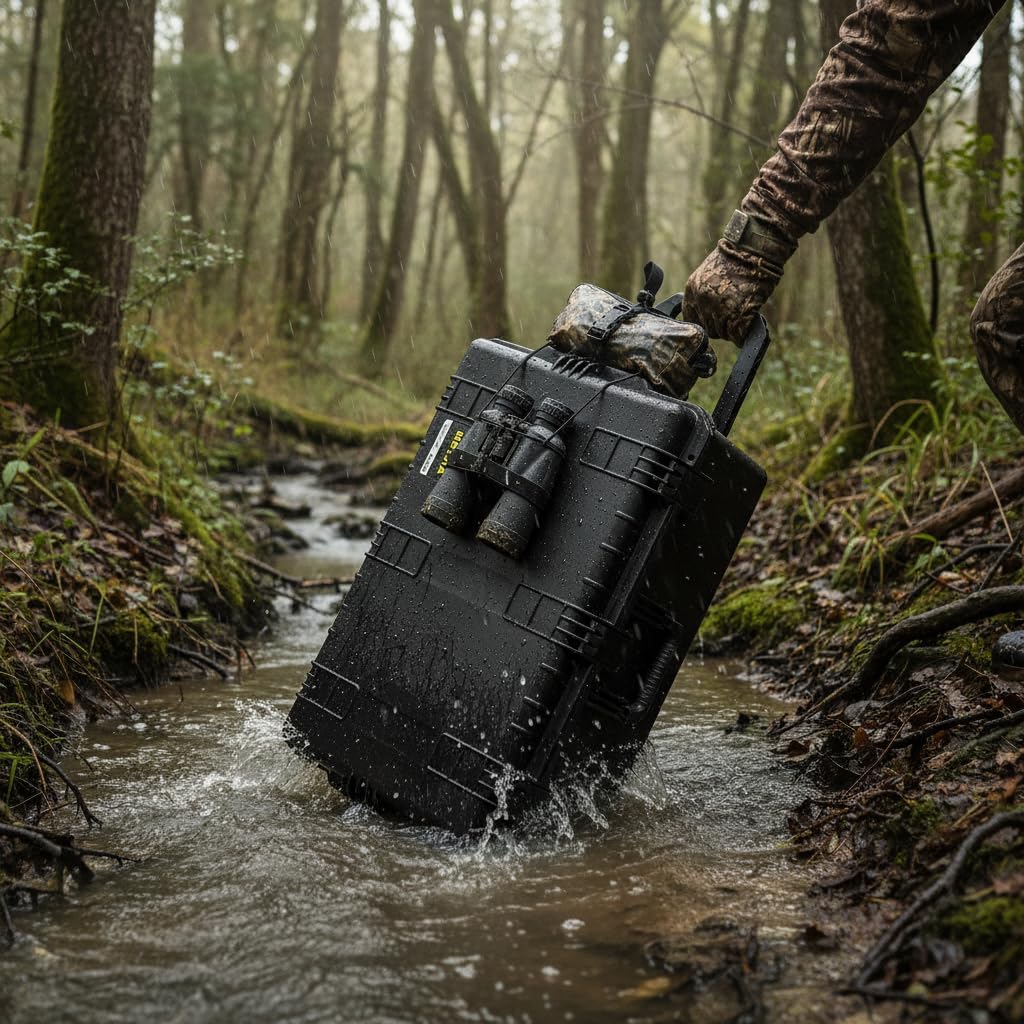 MEIJIA Portable All Weather Waterproof Camera Case,Customizable Fit Foam with Rolling Wheels and Retractable Pull Handle,31.3'X20.3'X12.25'