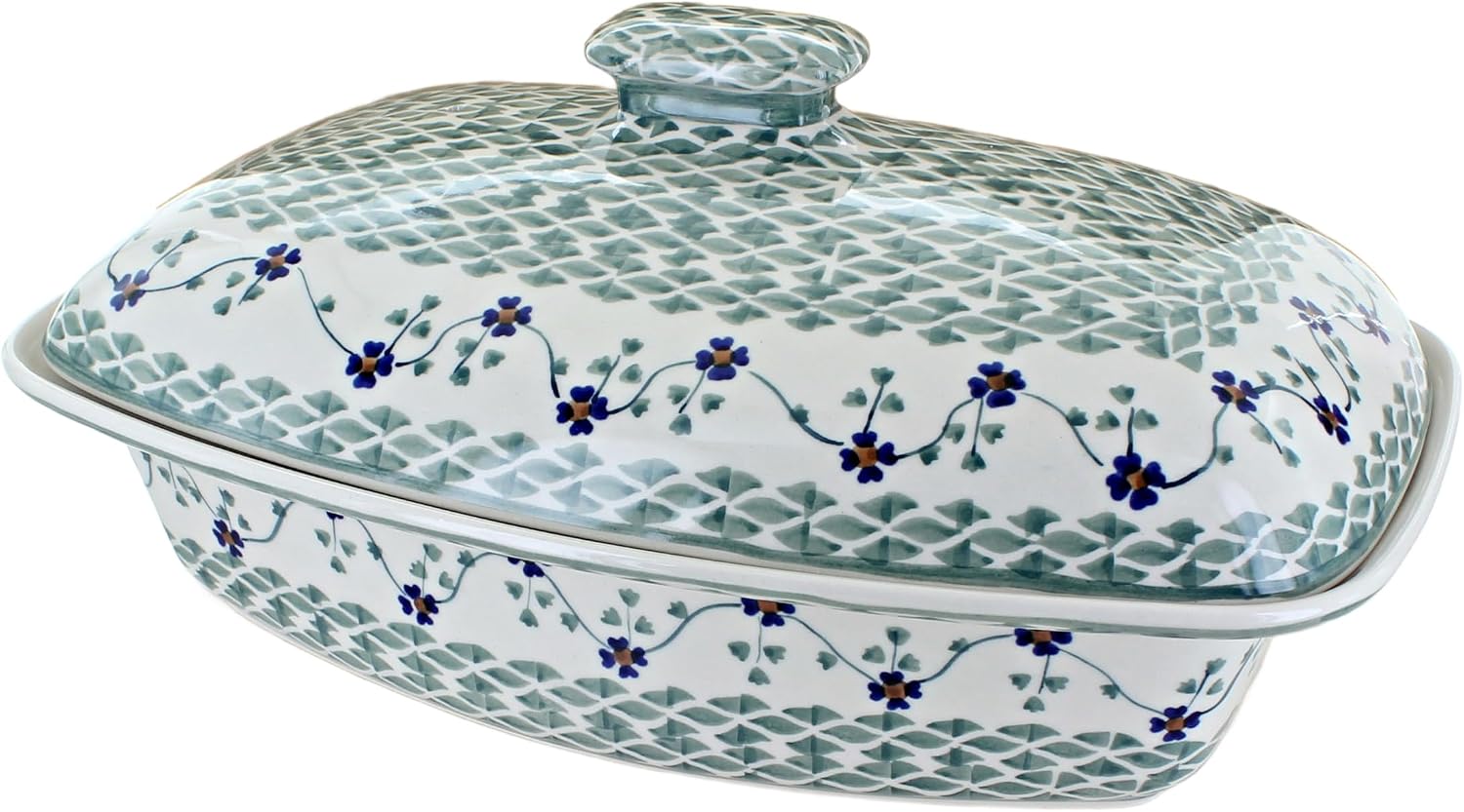 Blue Rose Polish Pottery - Green Sage Floral Covered Baker - 2 QT Capacity - Unique, Dishwasher Safe, & Durable Bakeware