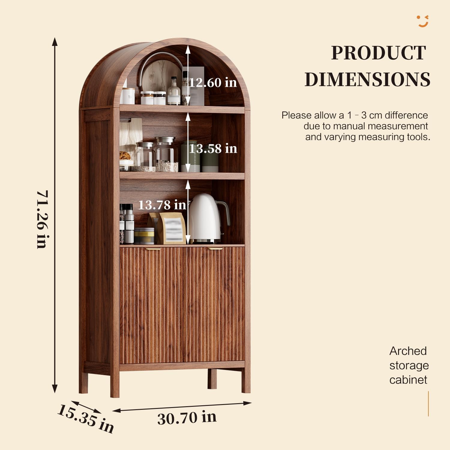 Ieejdn 71' Tall Arched Kitchen Pantry,Modern Fluted Wood Storage Cabinet with Doors,Adjustable Shelves,Organizer, Versatile Cupboard for Kitchen,Living Room,Dining Room,Bathroom,Walnut3