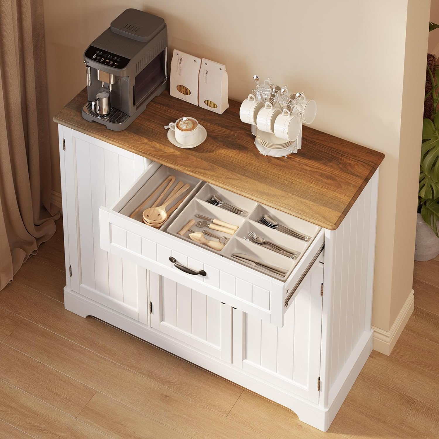 Gizoon Kitchen Coffee Bar Cabinet with Storage Kitchen Sideboard Buffet Cabinet with Drawers, Short Pantry with Door and Shelves for Bathroom and Living Room, White and Rustic