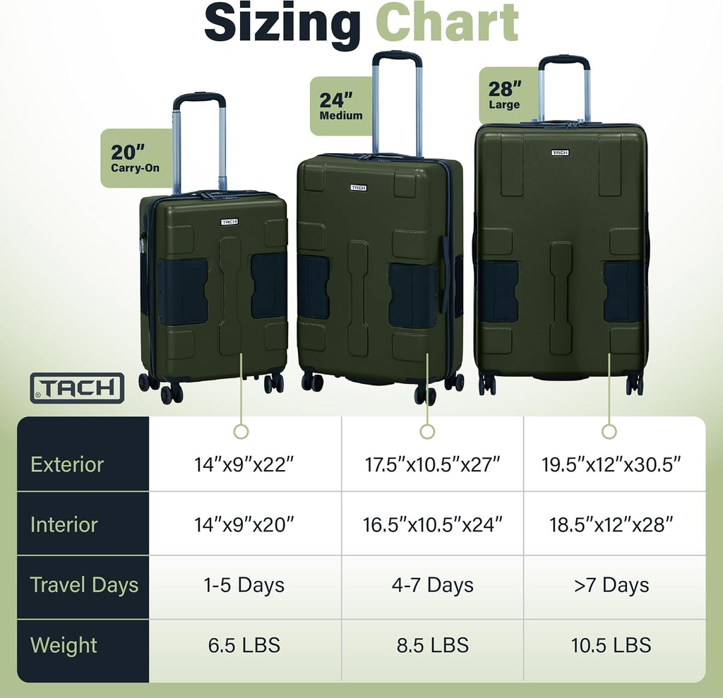 TACH Patented Connecting Hard Shell 3 Piece Luggage Set - 20, 24 & 28 inch Luggage | Carry-On, Medium & Large Rolling Suitcases - Forest Green
