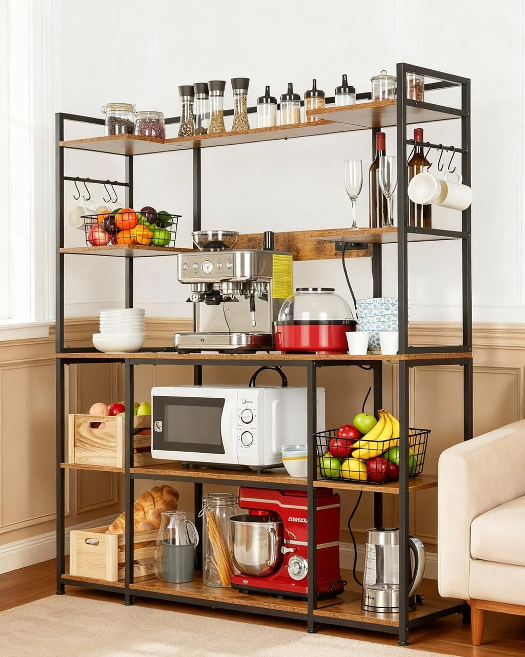 Takywep 67 Inch Bakers Rack for Kitchen, Industrial Microwave Oven Stand with Power Outlet & Storage Rack, 4 Tier Coffee Bar Table with 6 S Hooks, Large Storage Shelf Rack for Spices Pots Pans, Brown