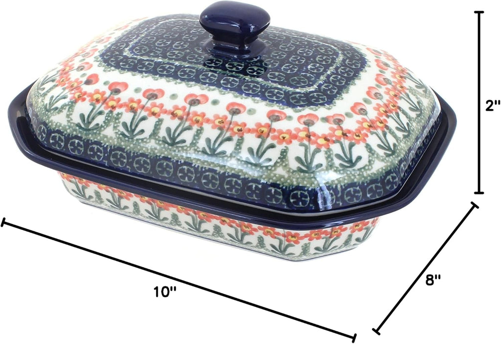 Blue Rose Polish Pottery - Orange Peach Posy Medium Covered Baker - 3 Cup Capcaity - Unique, Dishwasher Safe, & Durable Bakeware