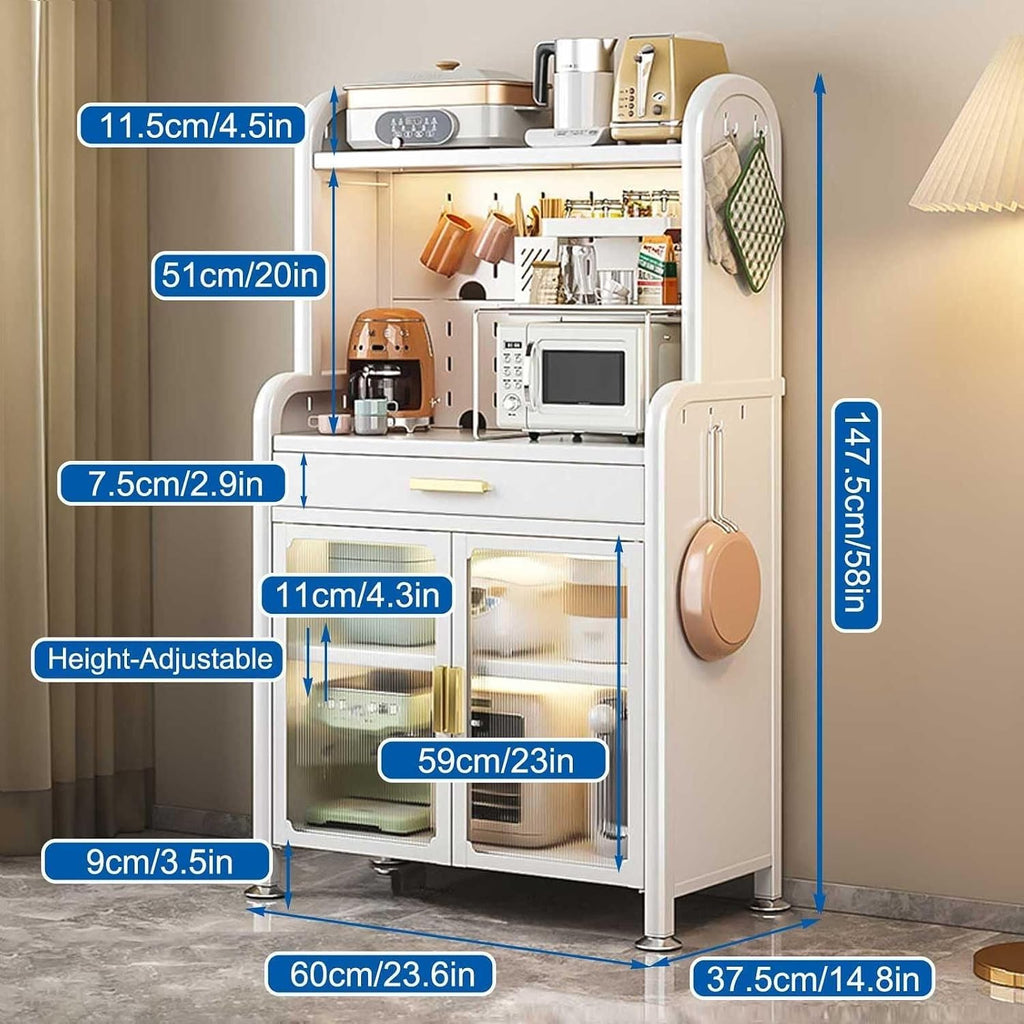 5-Tier Kitchen Bakers Rack with Drawer, Adjustable Shelves & Pegboard, Utility Storage Cabinet with Hooks, Power Outlets(Black,147.5x60cm/58x23.6in)