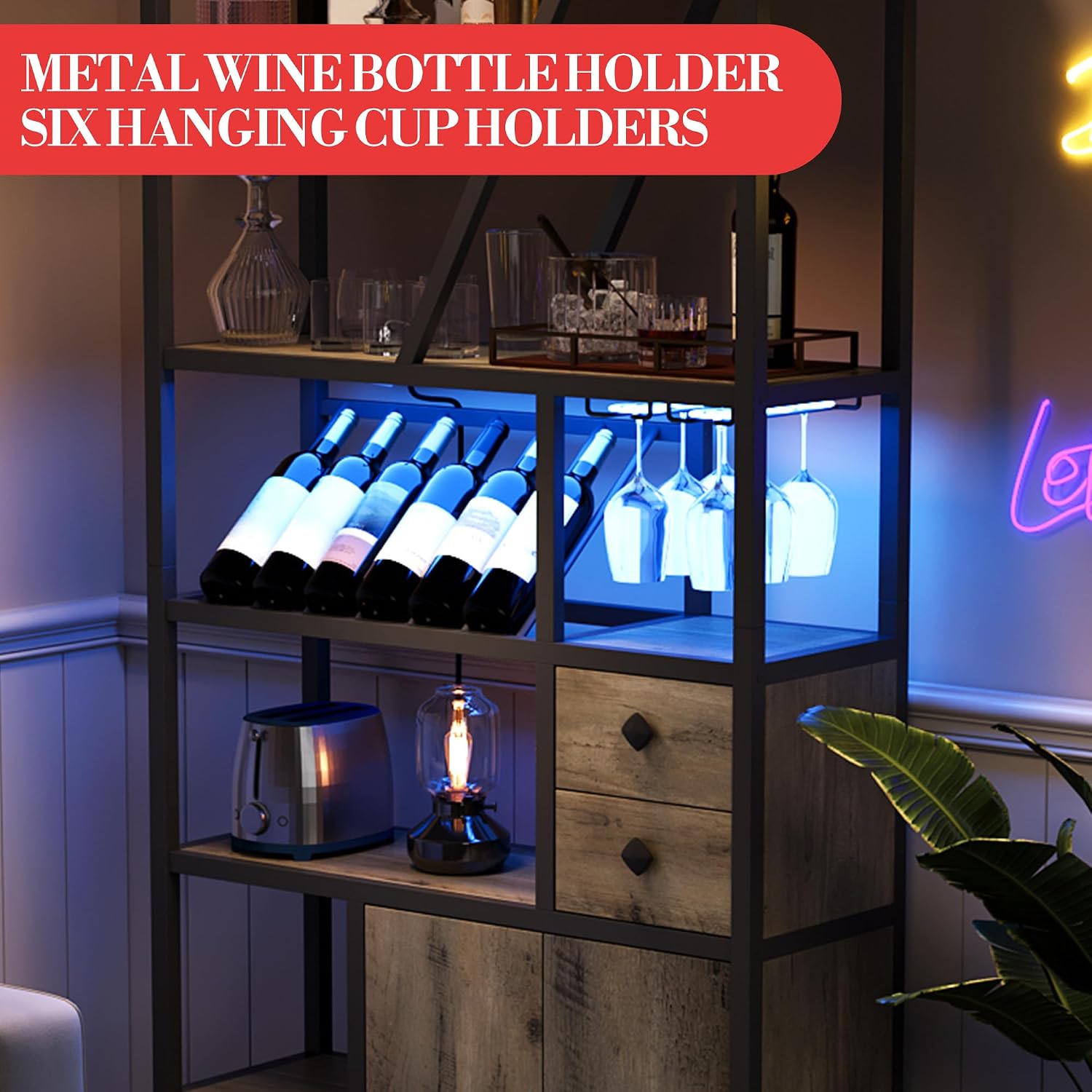 Wine Bar Cabinet with LED Lights, Tall Coffee Bar Station with Power Outlets, Wine Rack, Kitchen Microwave Stand Bakers Rack Cabinet for Living Room - Power Outlets Convenience