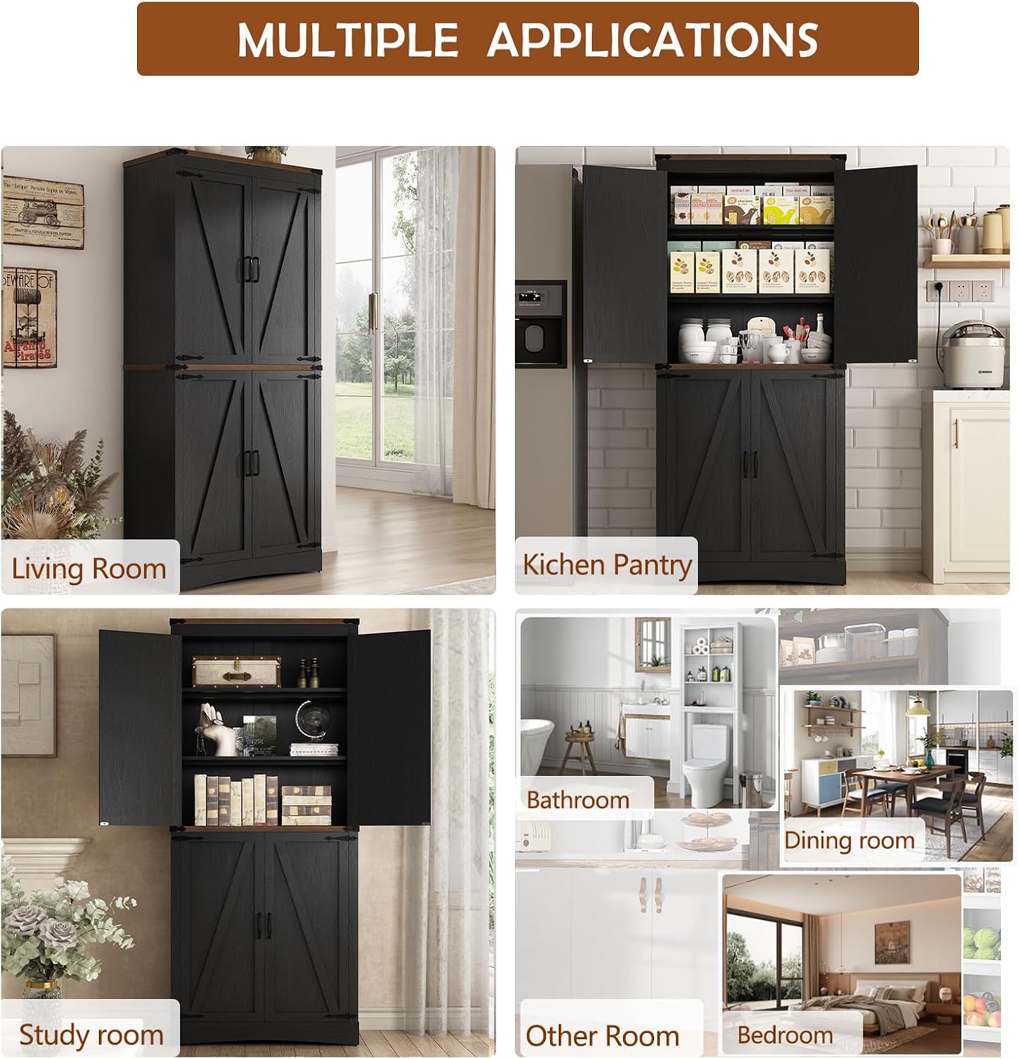 Hlivelood 71' Tall Kitchen Pantry,Farmhouse Storage Cabinet with Adjustable Shelves,Load-Bearing Steel Pipe,Farmhouse Pantry Cabinet with 4 Barn Doors,for Kitchen,Dining Room,Living Room(Black)