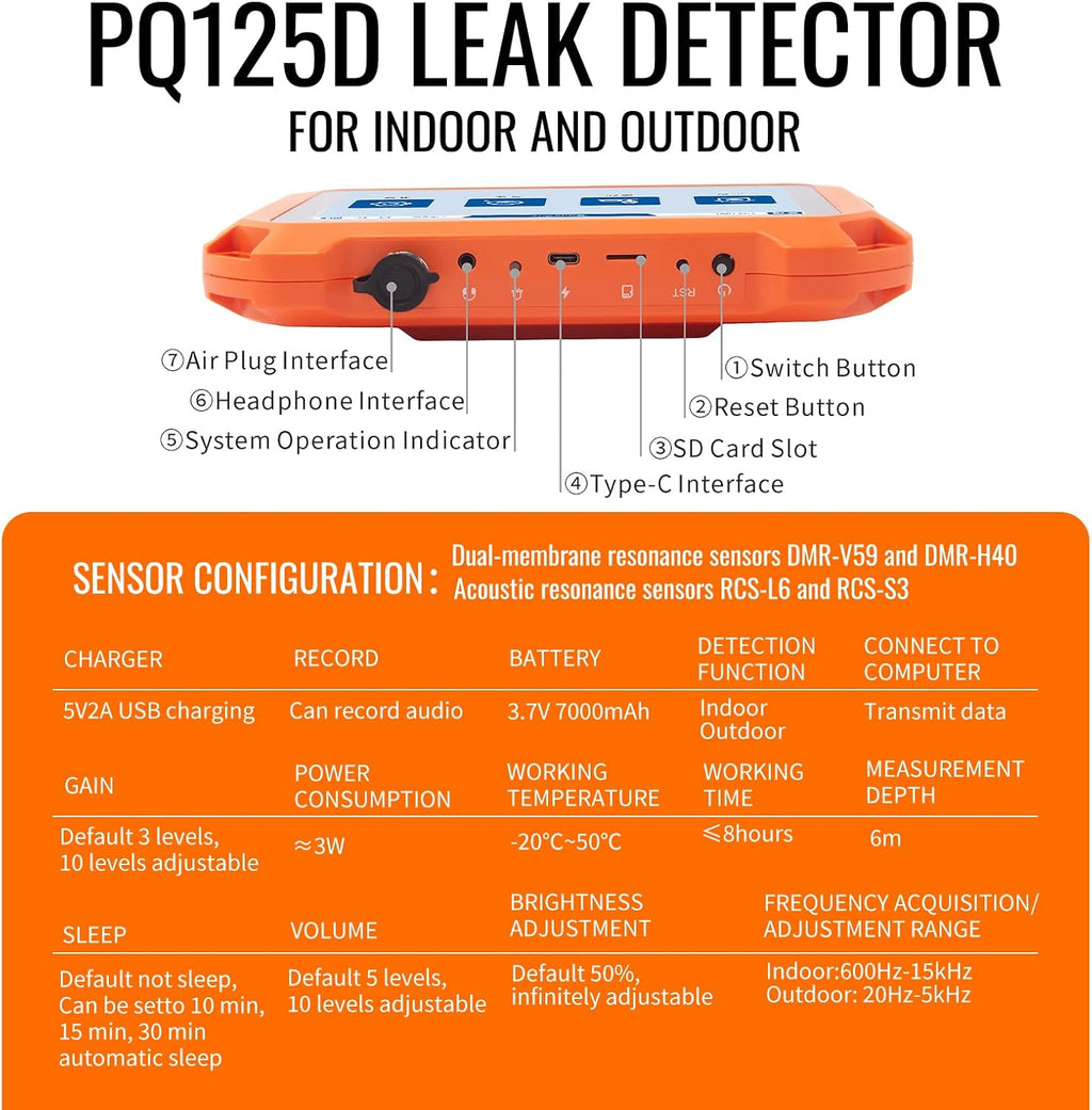 Underground Water Leak Detectors for Home and Outdoor PQ125D Wall Pipe Water Leakage Detection with Touchscreen Earphone and Carrying Case Multi Sensor Acoustic Pipeline Sound Intensifier