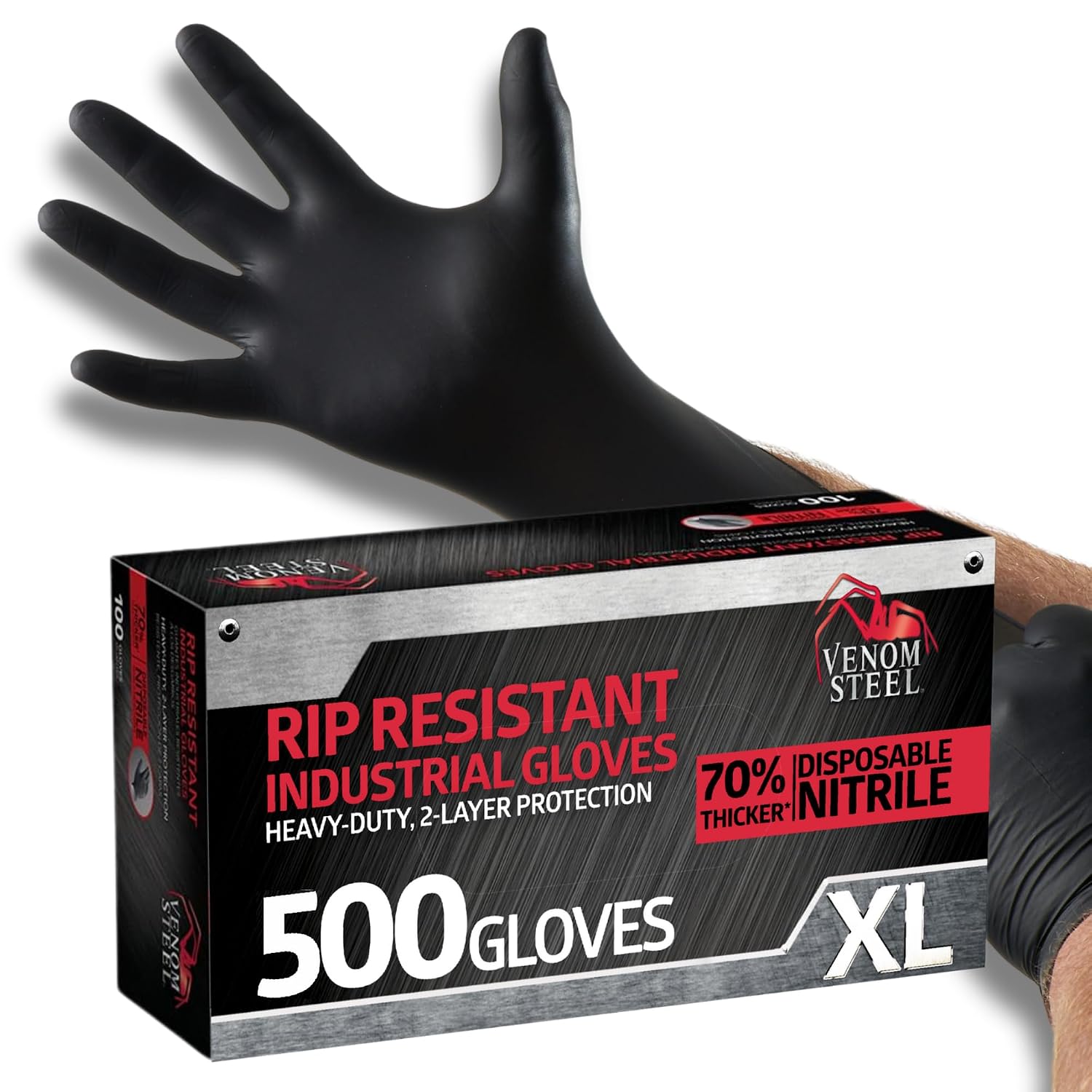 Venom Steel Nitrile Gloves, Rip Resistant Disposable Latex Free Black Gloves, 2 Layer Gloves, 6 mil Thick, X-Large (Pack of 500)