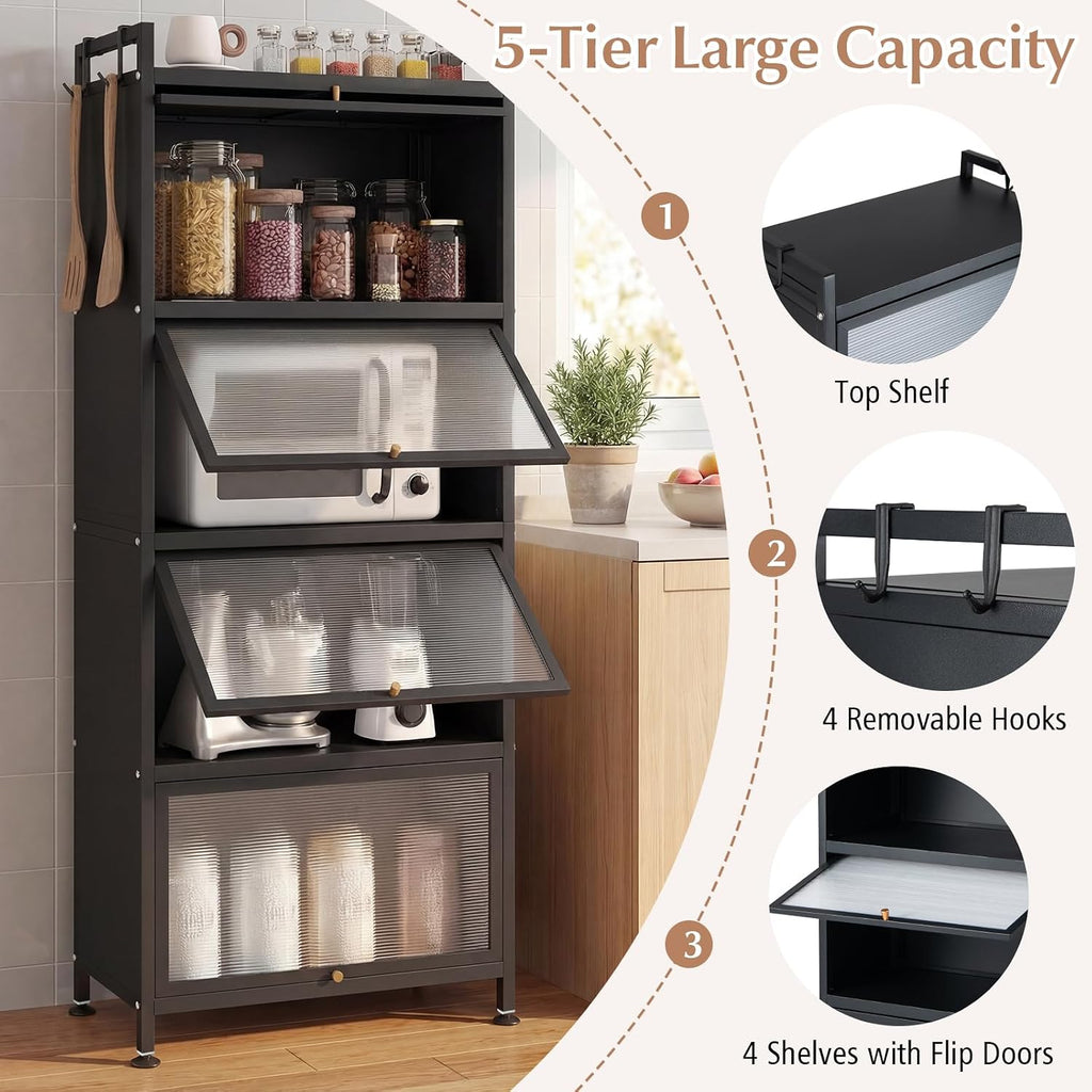 Giantex 5-Tier Kitchen Storage Cabinet, Freestanding Metal Pantry Cabinet w/ 4 Flip-up PC Doors, 4 Hooks & Adjustable Feet, 60' Tall Bakers Rack Microwave Stand for Dining Room, Living Room, Black