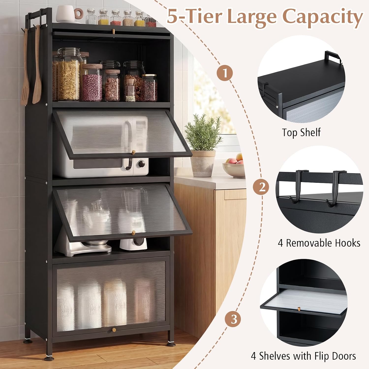 Giantex 5-Tier Kitchen Storage Cabinet, Freestanding Metal Pantry Cabinet w/ 4 Flip-up PC Doors, 4 Hooks & Adjustable Feet, 60' Tall Bakers Rack Microwave Stand for Dining Room, Living Room, Black