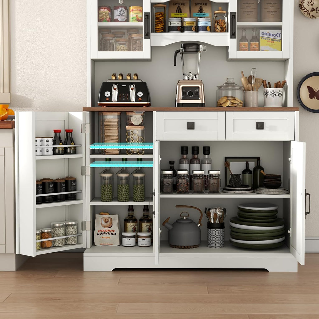 Gyfimoie 60' Tall Farmhouse Kitchen Pantry Storage Cabinet,Kitchen Hutch with Microwave Stand,Freestanding Buffet Pantry Cabinet with Glass Door and Adjustable Shelves for Dining Room (White)
