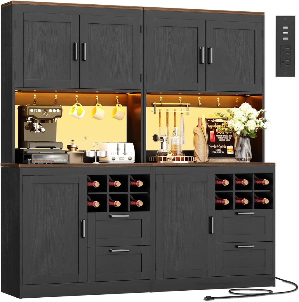 Unikito 72' Tall Pantry Cabinet, Kitchen Pantry Storage Cabinet with LED Light & Outlet, 63' Wide Kitchen Hutch Bar with Microwave Stand, Drawers, Wine Rack & Shelves for Dining Room, Black and Rustic