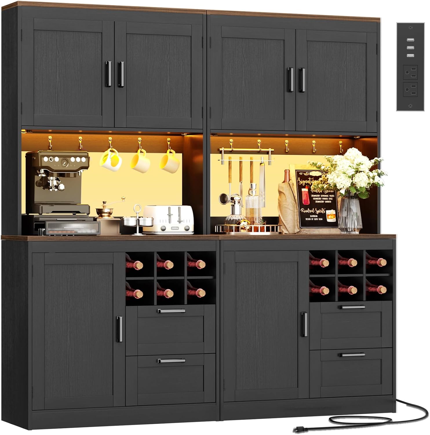 Unikito 72' Tall Pantry Cabinet, Kitchen Pantry Storage Cabinet with LED Light & Outlet, 63' Wide Kitchen Hutch Bar with Microwave Stand, Drawers, Wine Rack & Shelves for Dining Room, Black and Rustic