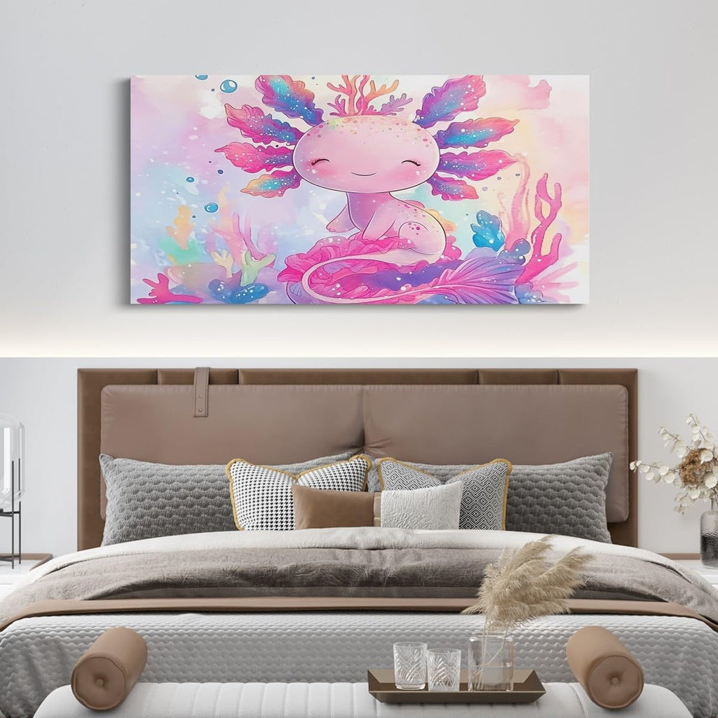 Erosebridal Large Cute Axolotl Canvas Wall Art for Living Room Boys Girls Kawaii Salamander Cartoon Wall Painting Poster Print,Kids Ocean Sealife Mermaid Coral Watercolor Artwork Posters 58'x29'