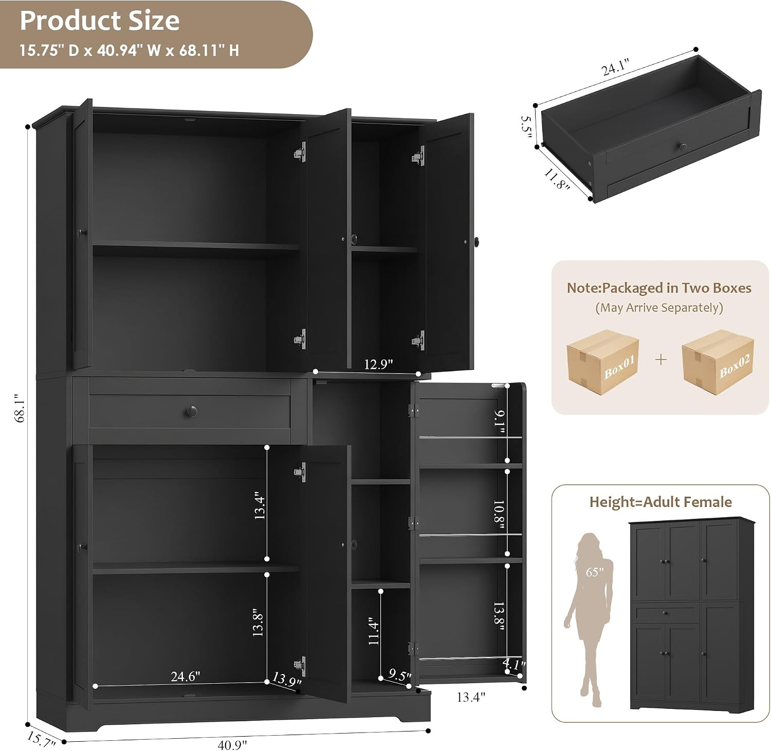 HOSTACK 68' Tall Kitchen Pantry Storage Cabinet, Modern Kitchen Hutch Cabinet with Doors and Shelves, Freestanding Food Pantry with Large Storage Drawer for Dining Room, Living Room, Black
