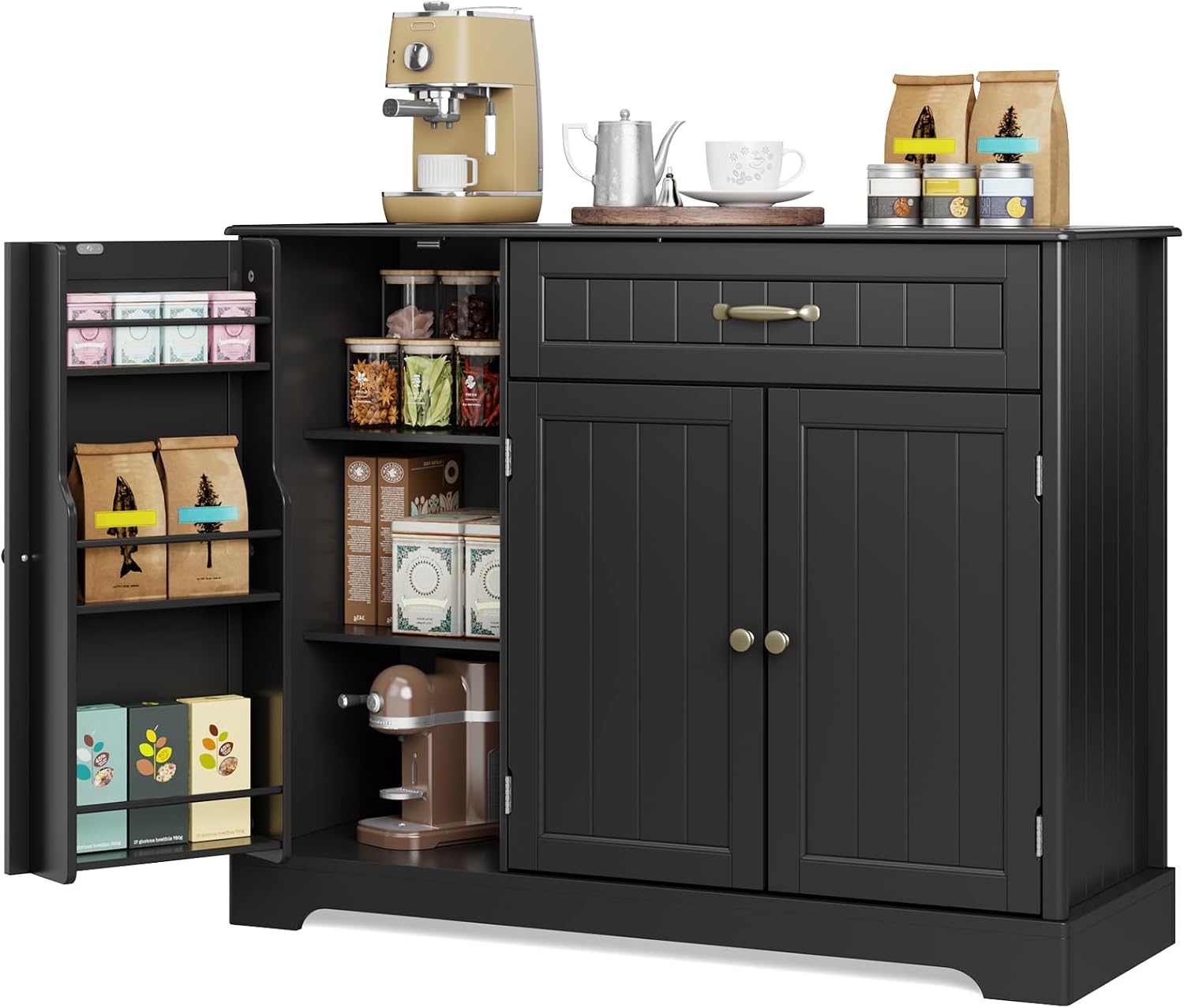 Gizoon Kitchen Sideboard Buffet Cabinet with Storage Small Coffee Bar Cabinet with Drawer, Kitchen Pantry Storage Cabinet with Door and Shelves for Bathroom and Living Room, Black, Painted