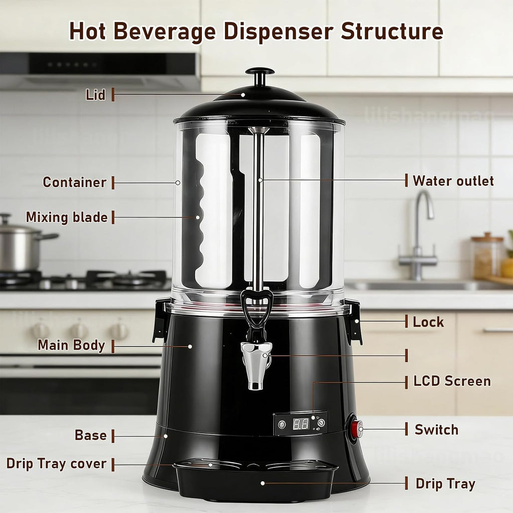 Electric Hot Chocolate Dispenser, Commercial Beverage Warmer with Faucet & Drip Tray, for Large Volume Heating of Milk, Coffee, Tea, for Cafés, Hotels, Bubble Tea Shops 10L-Red