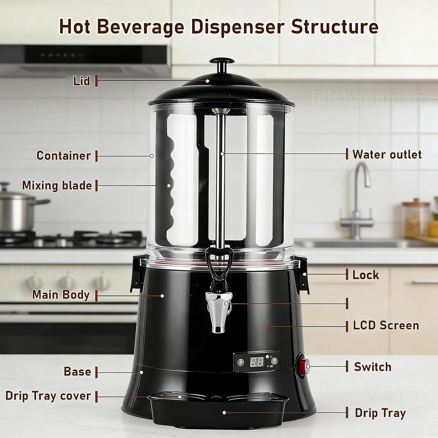 Electric Hot Chocolate Dispenser, Commercial Beverage Warmer with Faucet & Drip Tray, for Large Volume Heating of Milk, Coffee, Tea, for Cafés, Hotels, Bubble Tea Shops 10L-Red