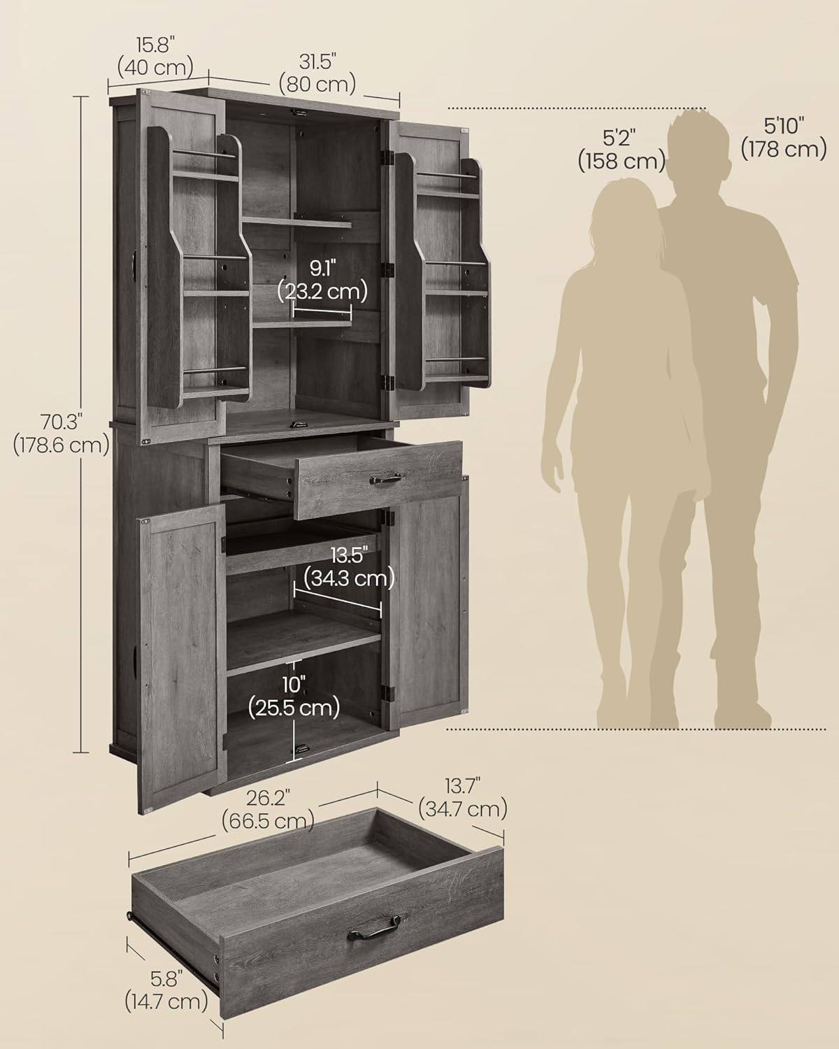 VASAGLE LIRY Collection - Pantry Cabinet, 70.3-Inch Tall Farmhouse Kitchen Storage Cabinet with Barn Doors, Drawer, Tray, Adjustable Shelves, for Kitchen, Dining Room, Misty Gray UBBK364G01