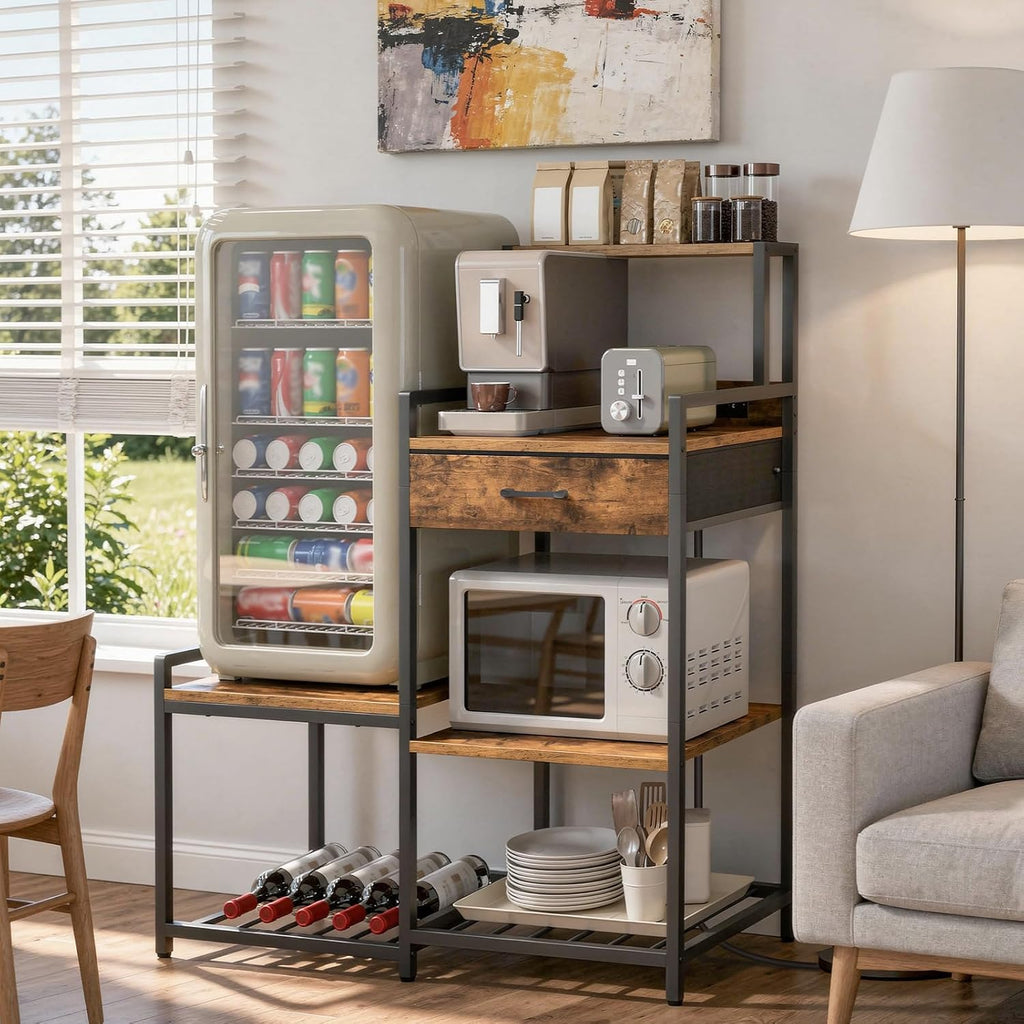 MAHANCRIS Bakers Rack and Mini Fridge Stand Bundle, Bakers Rack with Storage Shelves, Cofffee Bar Station with Wine Rack, Microwave Stand, Mini Fridge Cabinet for Kitchen, BRHR40E01N1-RSHR58E01