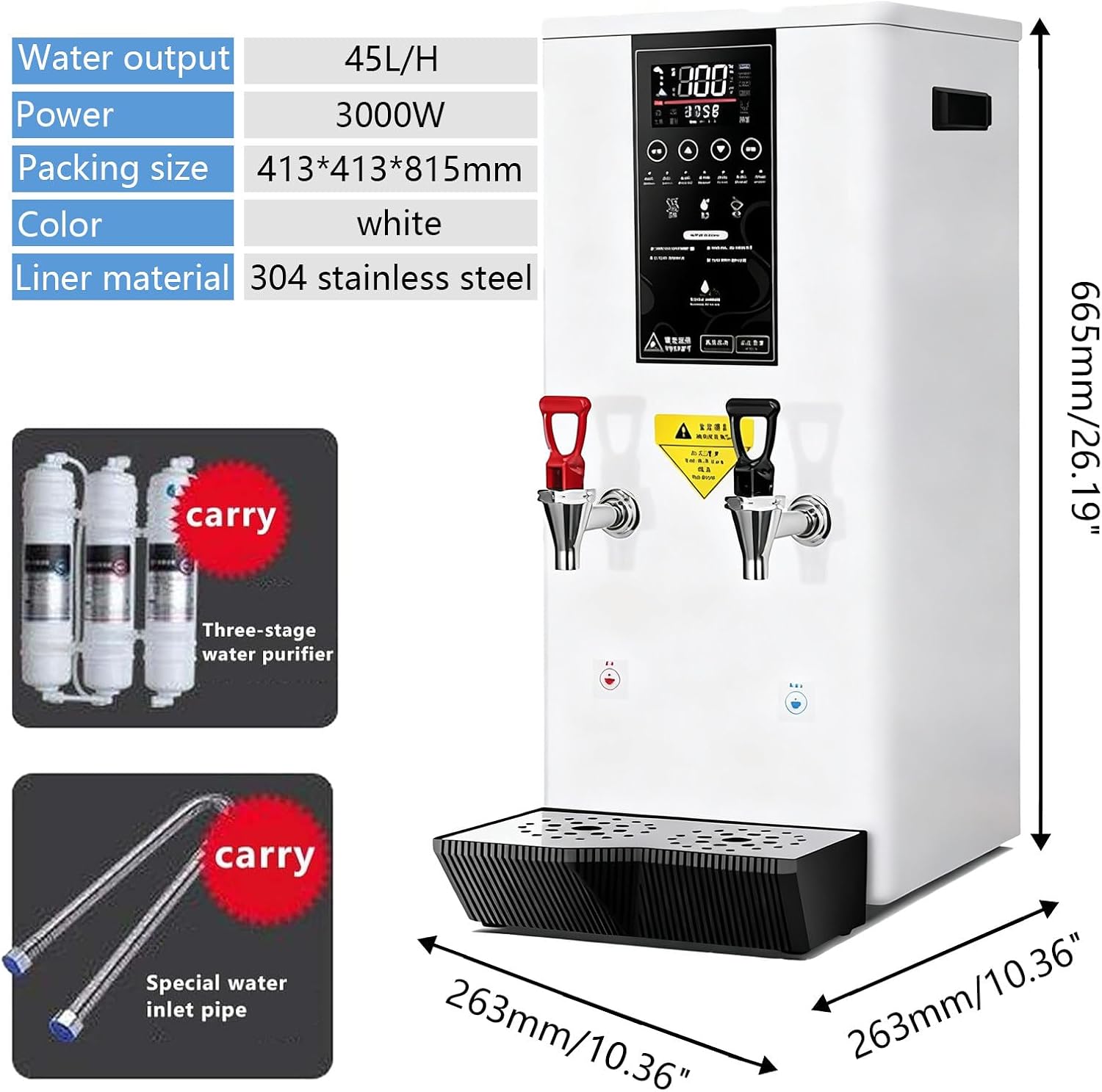 Commercial Electric Water Dispenser with Built-in Purifier, 80L/H, LCD Touch Control, Automatic Boiling,Safe to Drink,for Hotels,Cafés (White) B