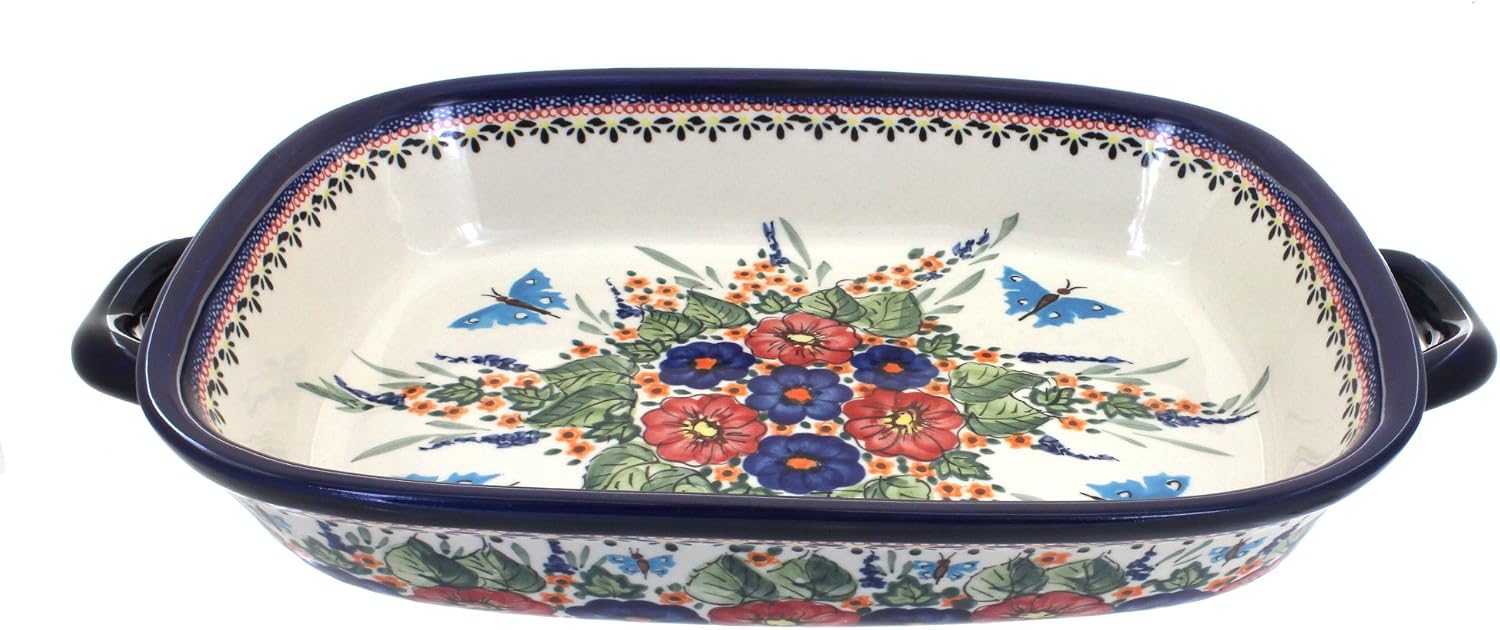 Blue Rose Polish Pottery - Red Floral Butterfly Large Baker with Handles - 14.5' x 10.75' - Unique, Dishwasher Safe, & Durable Bakeware