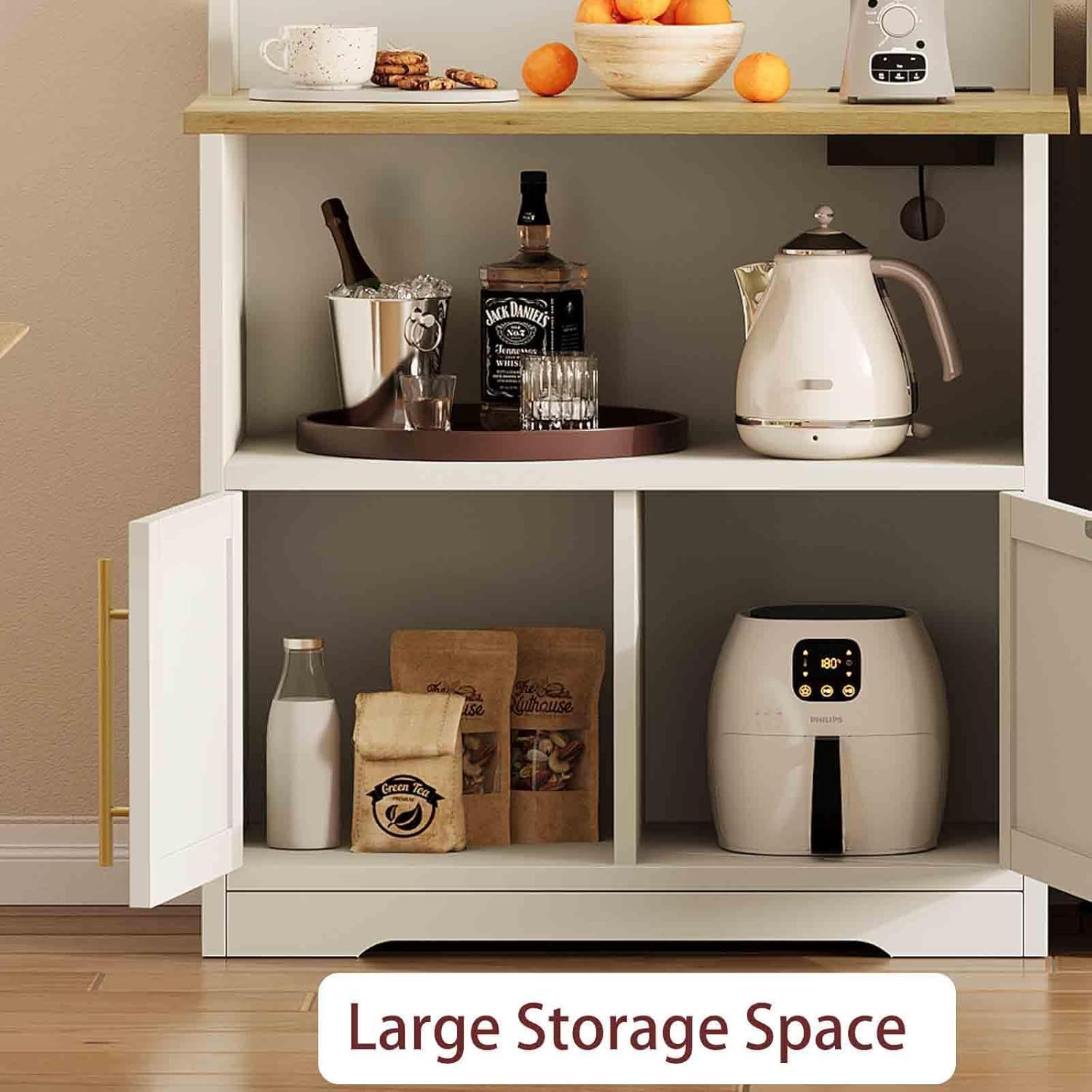 Tall Large Storage Cabinet Kitchen Microwave Stand with Storage, 4-Tier Bakers Rack with Power Outlet, Cupboard, Floor Cabinet for Living Room, Rustic White,