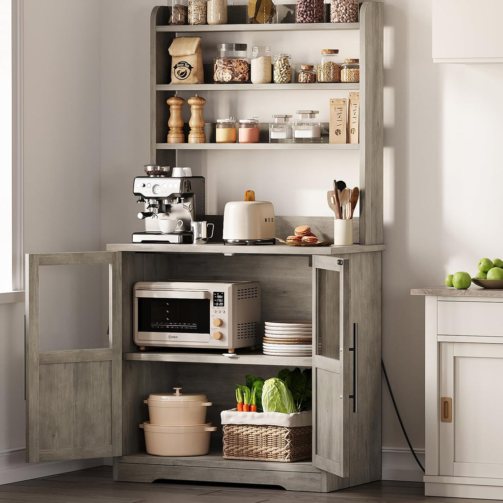 GarveeHome Bakers Rack with Power Outlet and 2 Glass Door, 63' Tall Farmhouse Wood Microwave Stand with Hutch & 3 Shelves, Coffee Bar Cabinet with Thick Counter, Sturdy Frame, for Kitchen, Rustic Gray