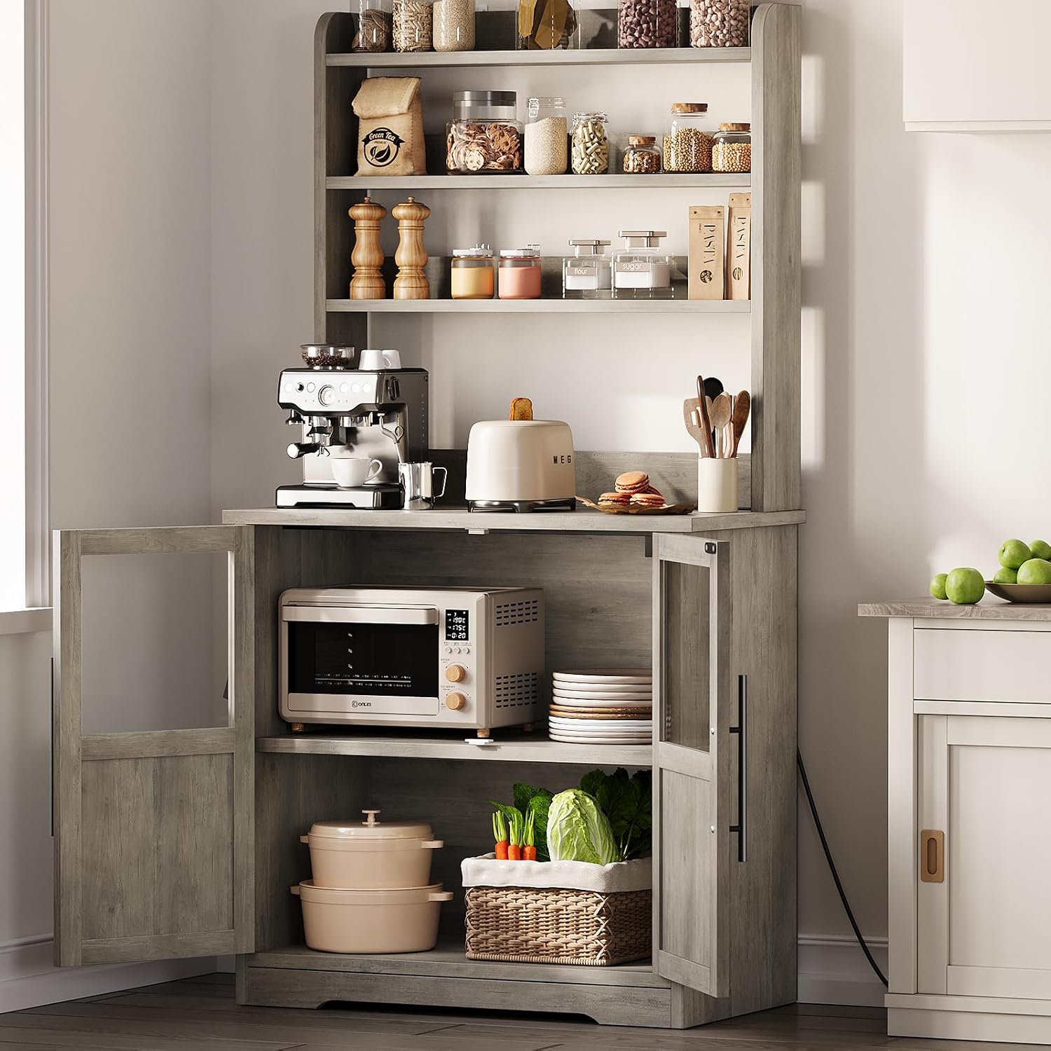 GarveeHome Bakers Rack with Power Outlet and 2 Glass Door, 63' Tall Farmhouse Wood Microwave Stand with Hutch & 3 Shelves, Coffee Bar Cabinet with Thick Counter, Sturdy Frame, for Kitchen, Rustic Gray