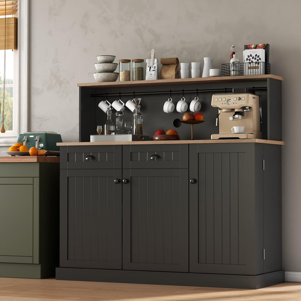 Gyfimoie Sideboard Buffet Cabinet with 2 Drawers, Farmhouse Kitchen Pantry with Adjustable Shelves, Coffee Bar Cupboard Cabinet with 3 Doors for Kitchen, Dining Room (Black)
