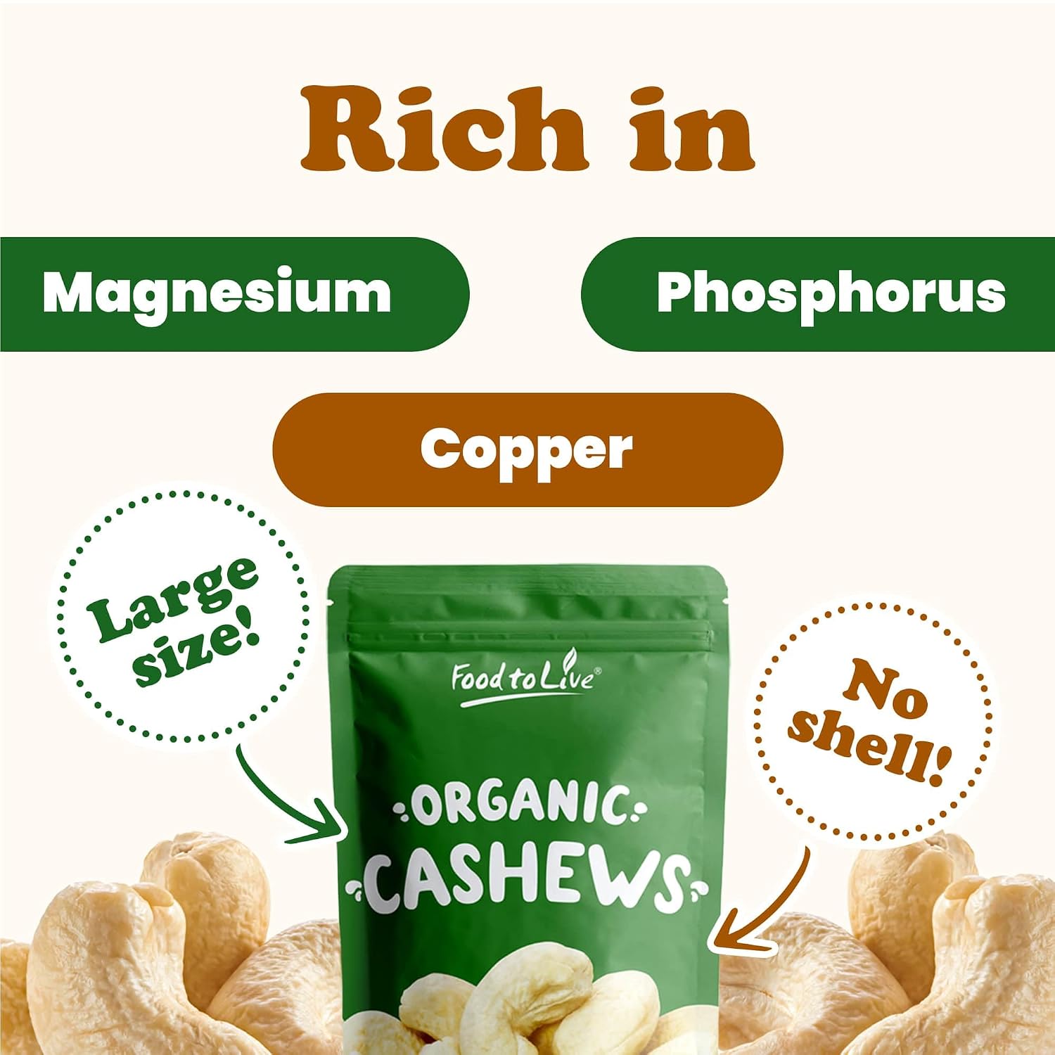 Food to Live Organic Cashews, 18 Pounds – Whole, Size W-240, Unsalted, Non-GMO, Kosher, Raw, Vegan, Bulk