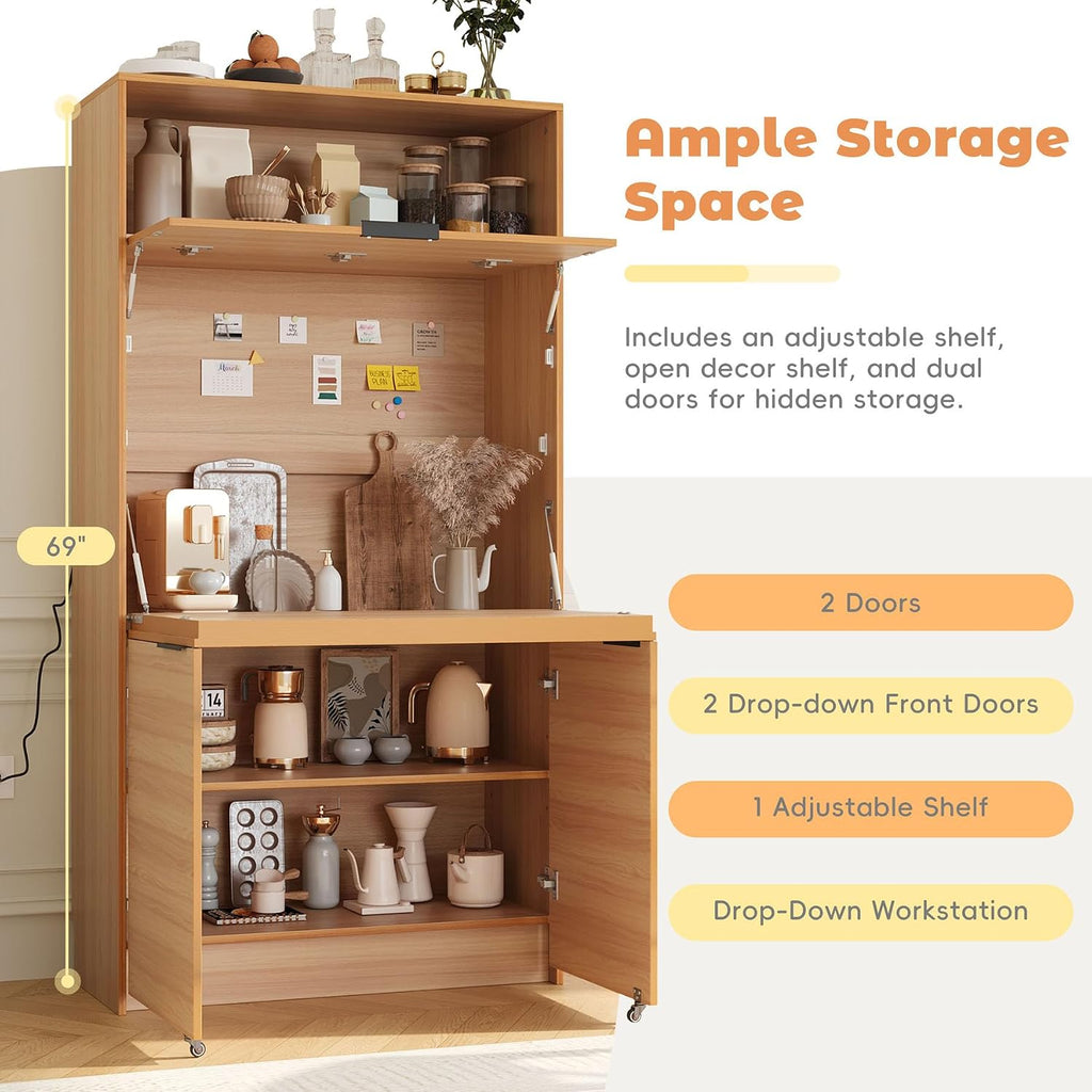 Farmhouse Pantry Cabinet with Foldable Workstation, 69' Tall Buffet with Hutch and Storage, Multifunctional Kitchen Cabinet with Adjustable Shelf and Power Outlet for Dining Room (Natural)