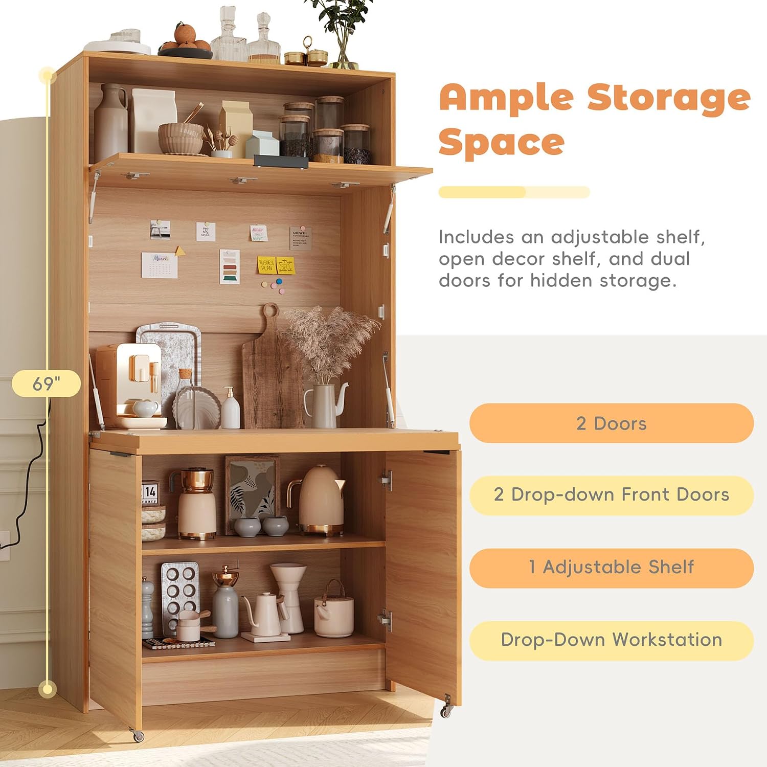 Farmhouse Pantry Cabinet with Foldable Workstation, 69' Tall Buffet with Hutch and Storage, Multifunctional Kitchen Cabinet with Adjustable Shelf and Power Outlet for Dining Room (Natural)